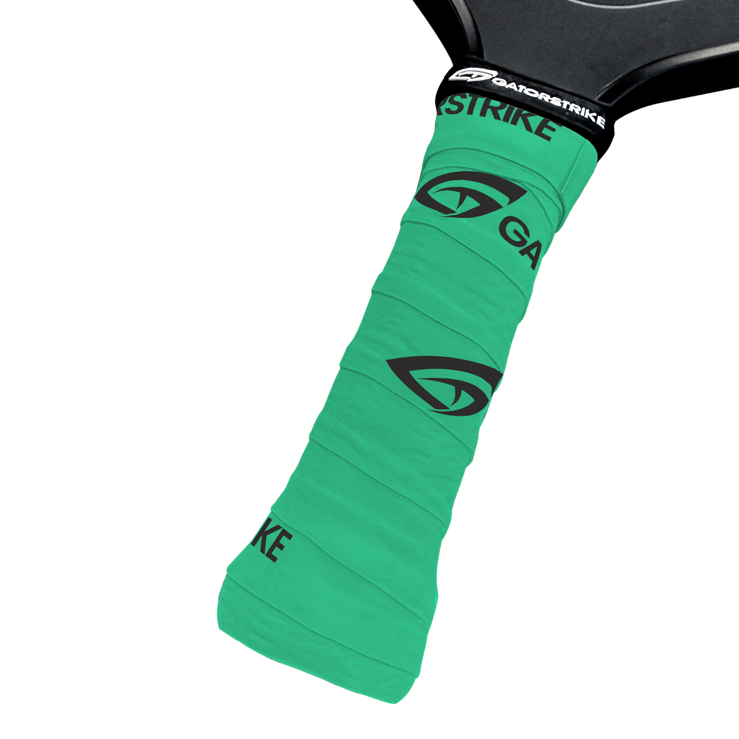 Close-up of a paddle handle wrapped with bright green GATORSTRIKE™ Tacky Over Grips by GATORSTRIKE, featuring black logos and “GATORSTRIKE” text for a secure hold; the paddle’s black edge contrasts with the vibrant grip.