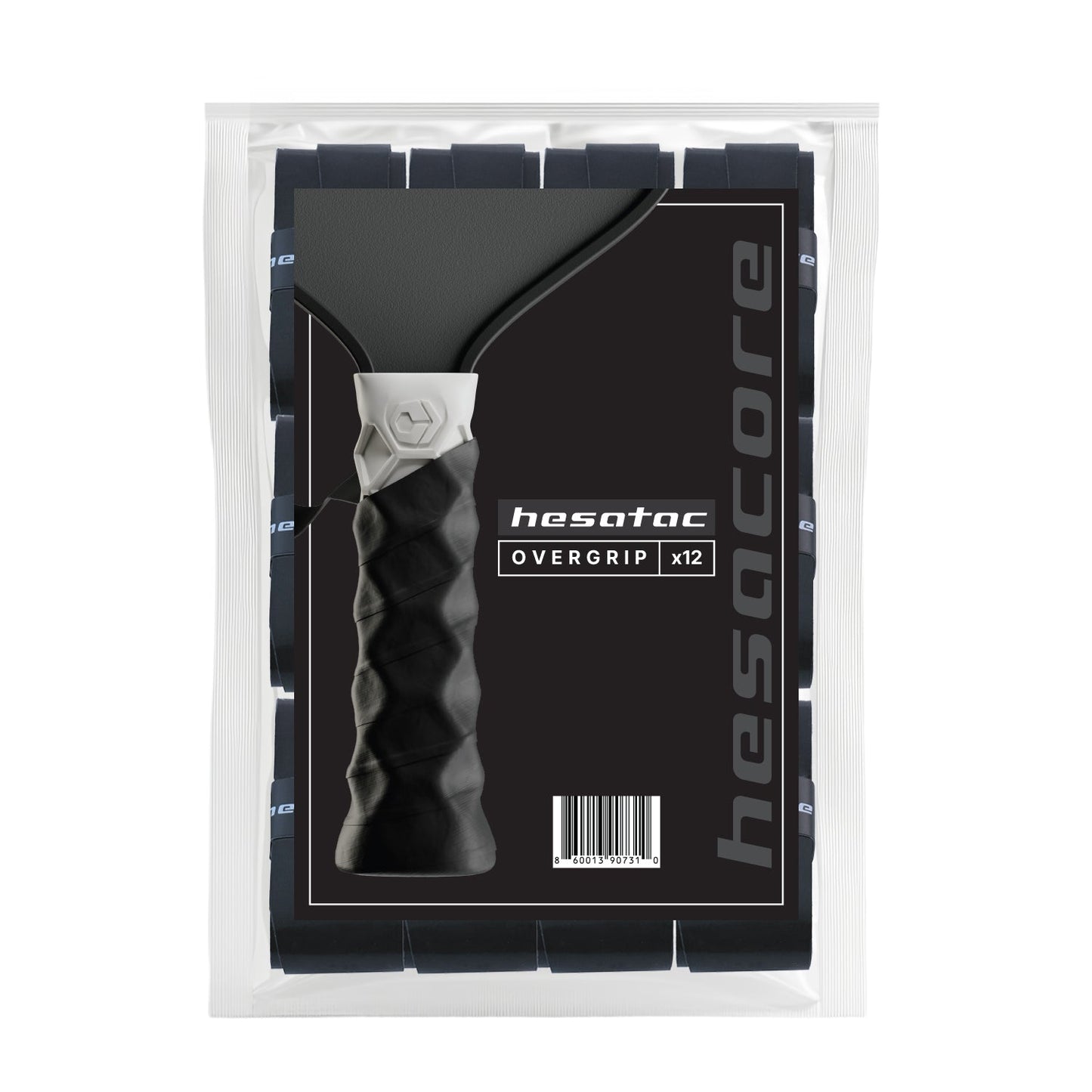 The Hesacore Hesatac Overgrip – Black (12 Pack) by Hesacore Grip features moisture-absorbing, textured black racquet grips inside modern packaging with white text, a barcode, and a clear plastic bag displaying the grips.