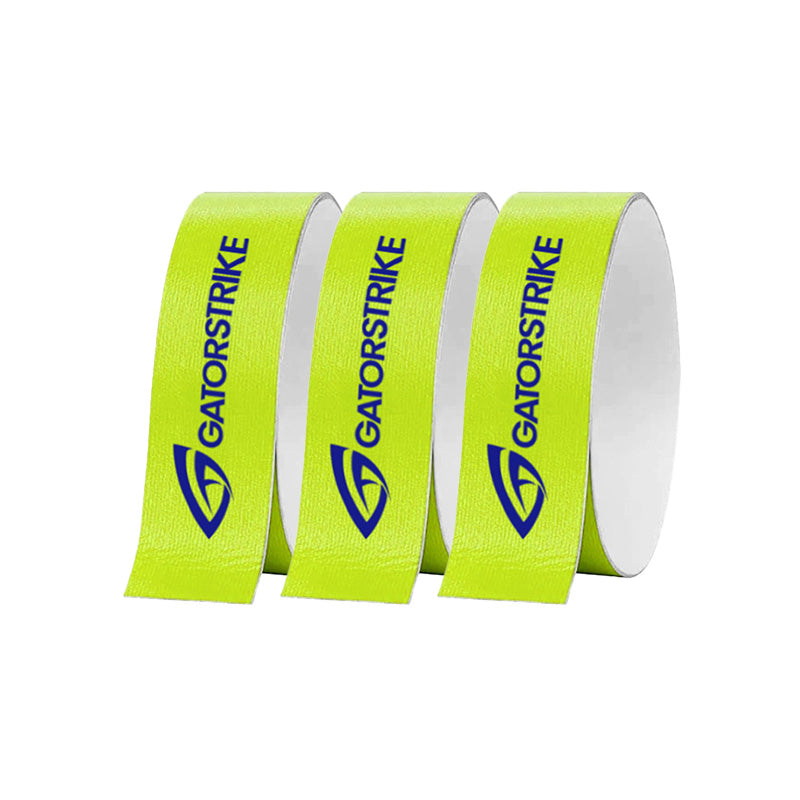 Three rolls of GATORSTRIKE™ Edge Guard Tape - 3 Pack are shown side by side. Each neon yellow roll, perfect for paddle edge protection, displays "GATORSTRIKE" and a blue G logo against a plain white background.