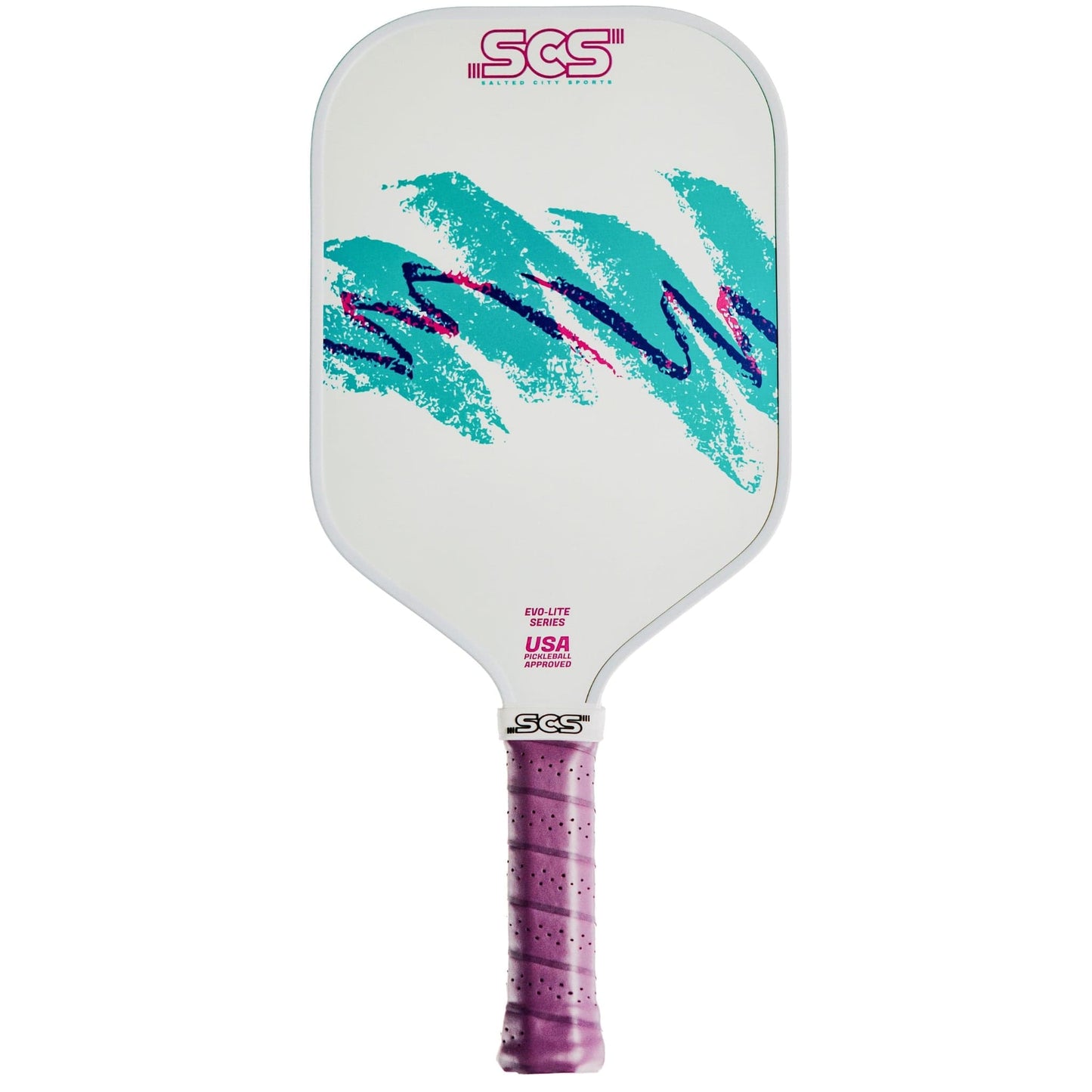 The Nostalgia | Evo-Lite Series paddle by Salted City Sports is white with teal, turquoise, purple, and magenta zigzag graphics. It has a textured purple grip, SCS in pink on top, USA near the handle, and is USA Pickleball approved.
