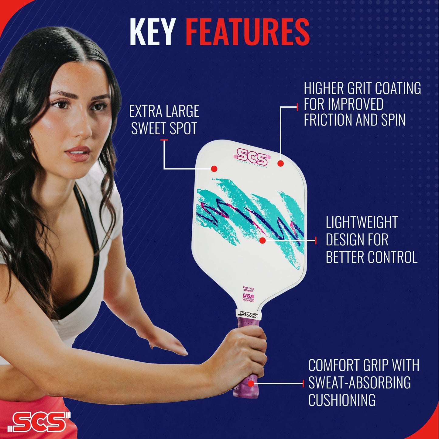 A woman holds the Salted City Sports Nostalgia | Evo-Lite Series pickleball paddle, featuring teal and magenta streaks. It boasts an XL sweet spot, high-grit coating for spin, lightweight control, comfort grip, and USA Pickleball approval. Blue/red background.