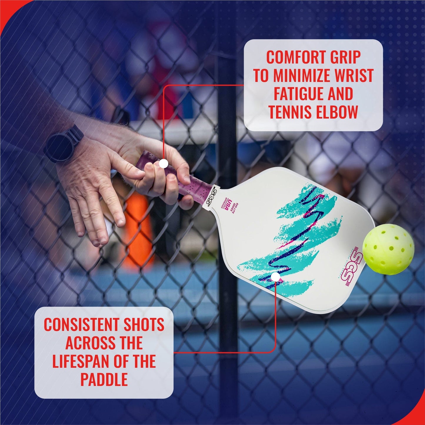 A hand grips a Salted City Sports Nostalgia | Evo-Lite Series USA Pickleball-approved paddle with teal and purple streaks, about to hit a yellow ball. Text highlights “Comfort grip to minimize wrist fatigue” and “Consistent shots for life.”.