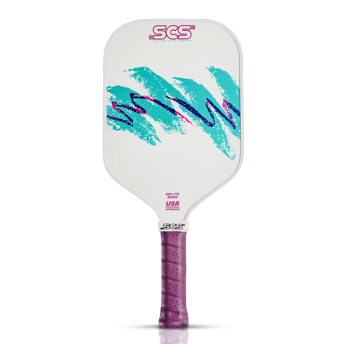 The Nostalgia Evo-Lite Series pickleball paddle by Salted City Sports features a white face with abstract teal and purple splashes, purple grip tape, and “SCS” and “USA” in pink. USA Pickleball approved.