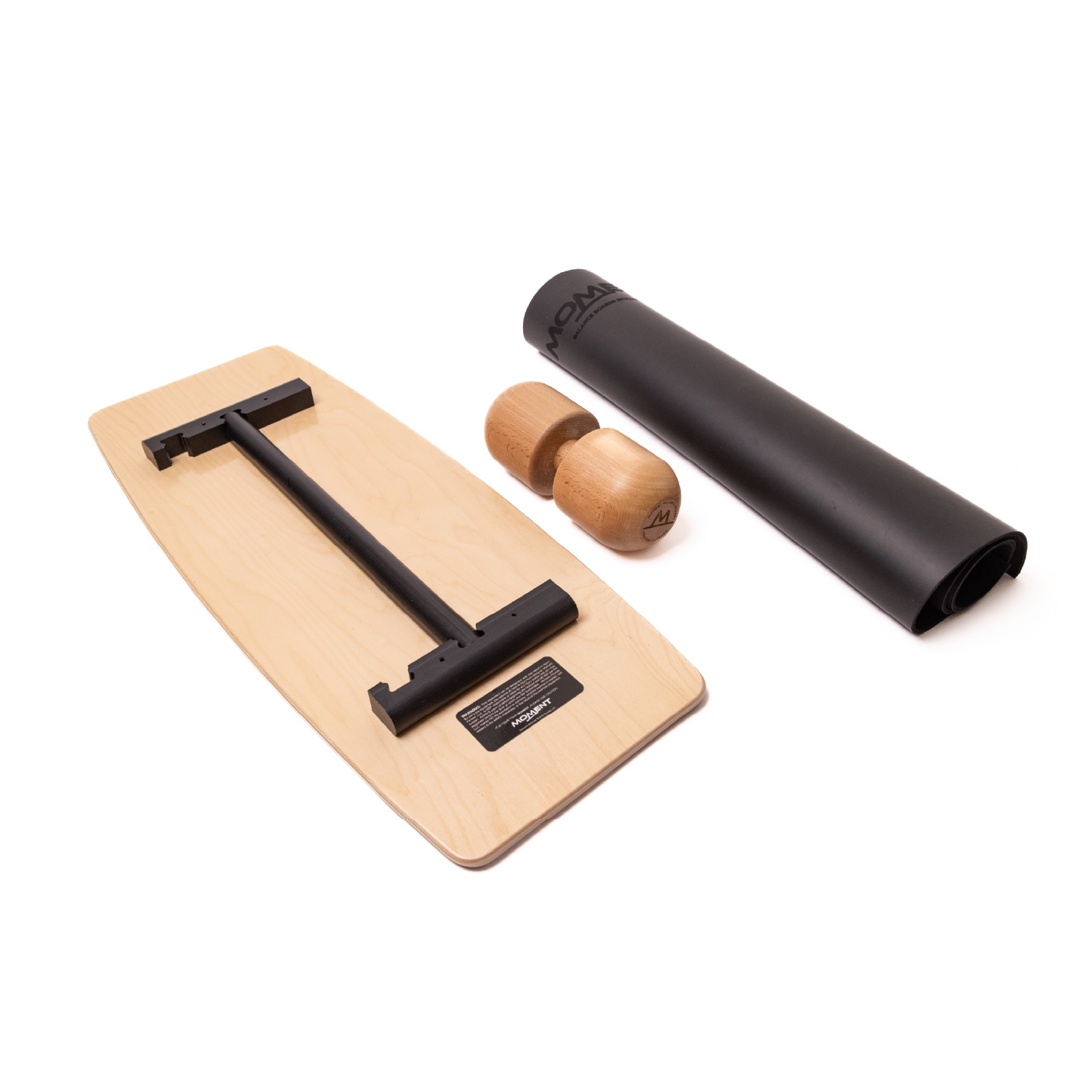 The "Moment" Balance Board - Landscape by Moment Pickleball is crafted from Canadian Maple, with an adjustable center rail, a wooden roller, and a black exercise mat—all displayed on a white background, perfect for pickleball athletes.