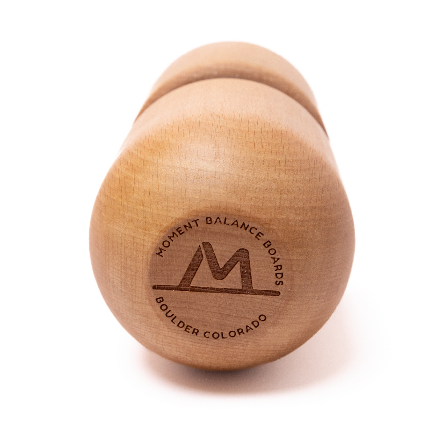 The "Moment" Balance Board - Landscape by Moment Pickleball is a cylindrical board for pickleball athletes, crafted from smooth Canadian Maple with an engraved logo and text showcasing its Boulder, Colorado origins and natural quality finish.
