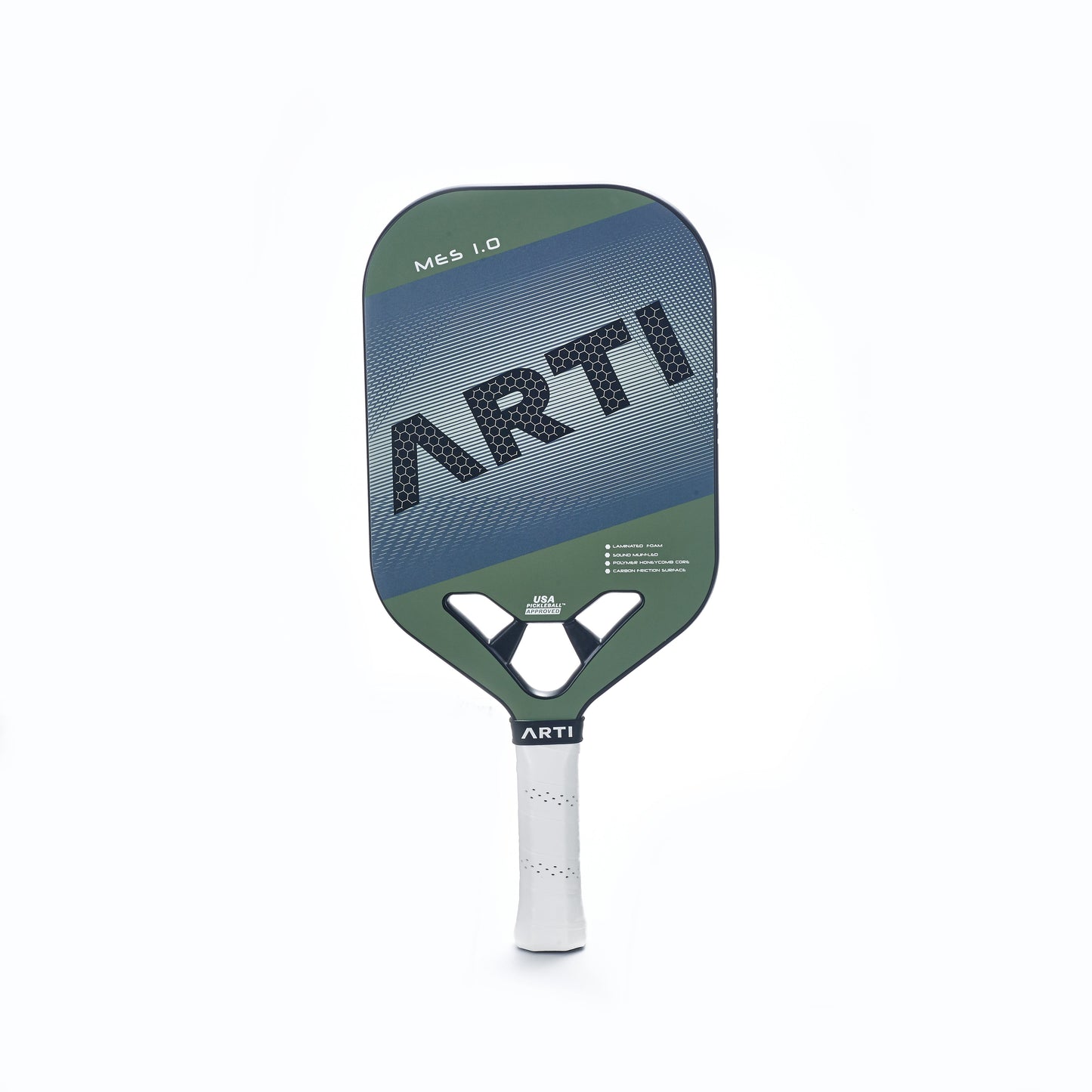 The ARTI Carbon Fiber "MASTERY ELITE 1.0" paddle is USAPA approved, featuring green and blue with a black geometric design, diagonal "ARTI" on T700 carbon fiber, perforated white grip, and unique cutout edges at the handle base.