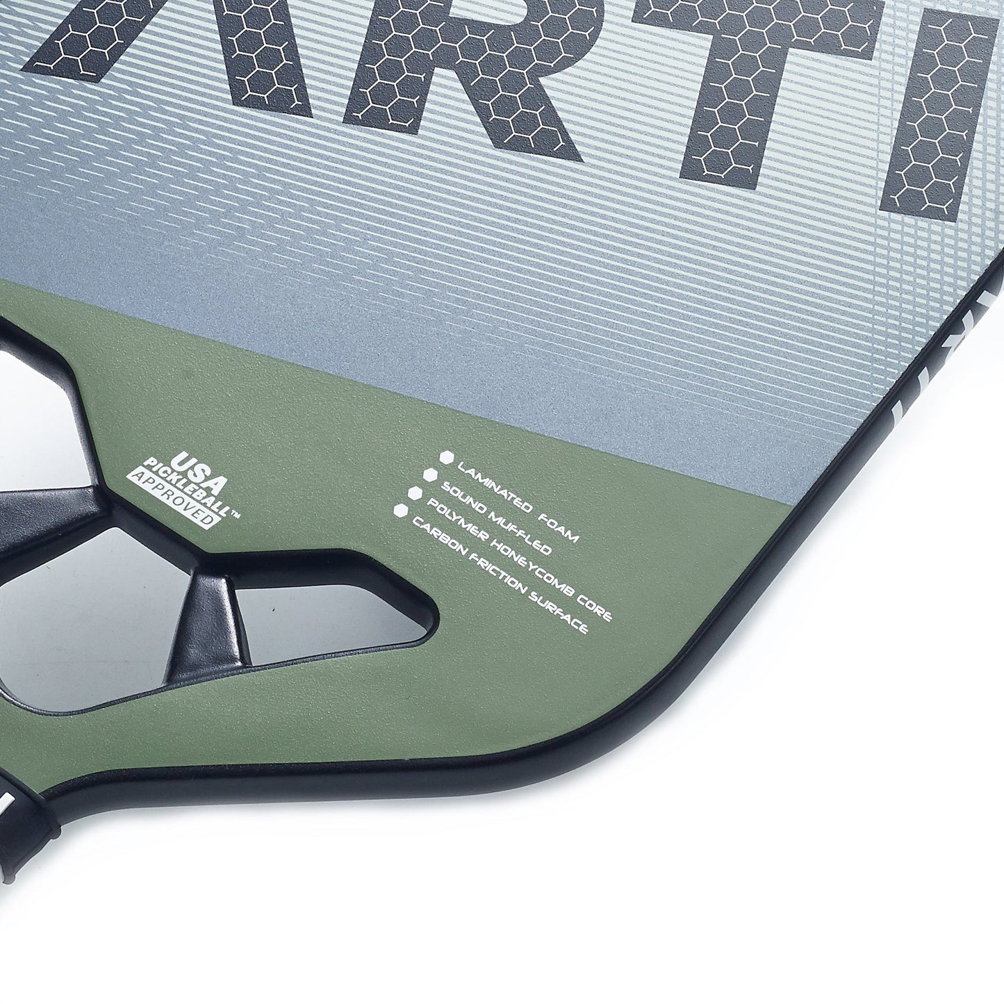Close-up of the ARTI Carbon Fiber "MASTERY ELITE 1.0" paddle by ARTI, a USAPA approved design with gray and green honeycomb pattern, featuring T700 carbon fiber, Laminated Foam, Polyhedral Core, and Carbon Protection Surface.