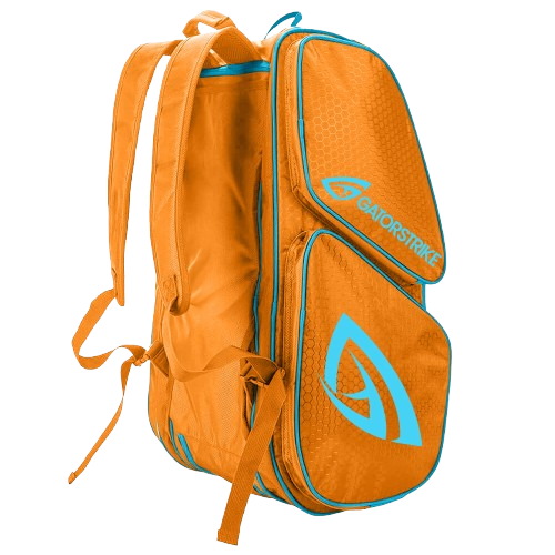 The GATORSTRIKE™ World Tour Backpack Bag by GATORSTRIKE features orange with blue accents, making it ideal for stylishly carrying your paddle bag or wide-body paddles.