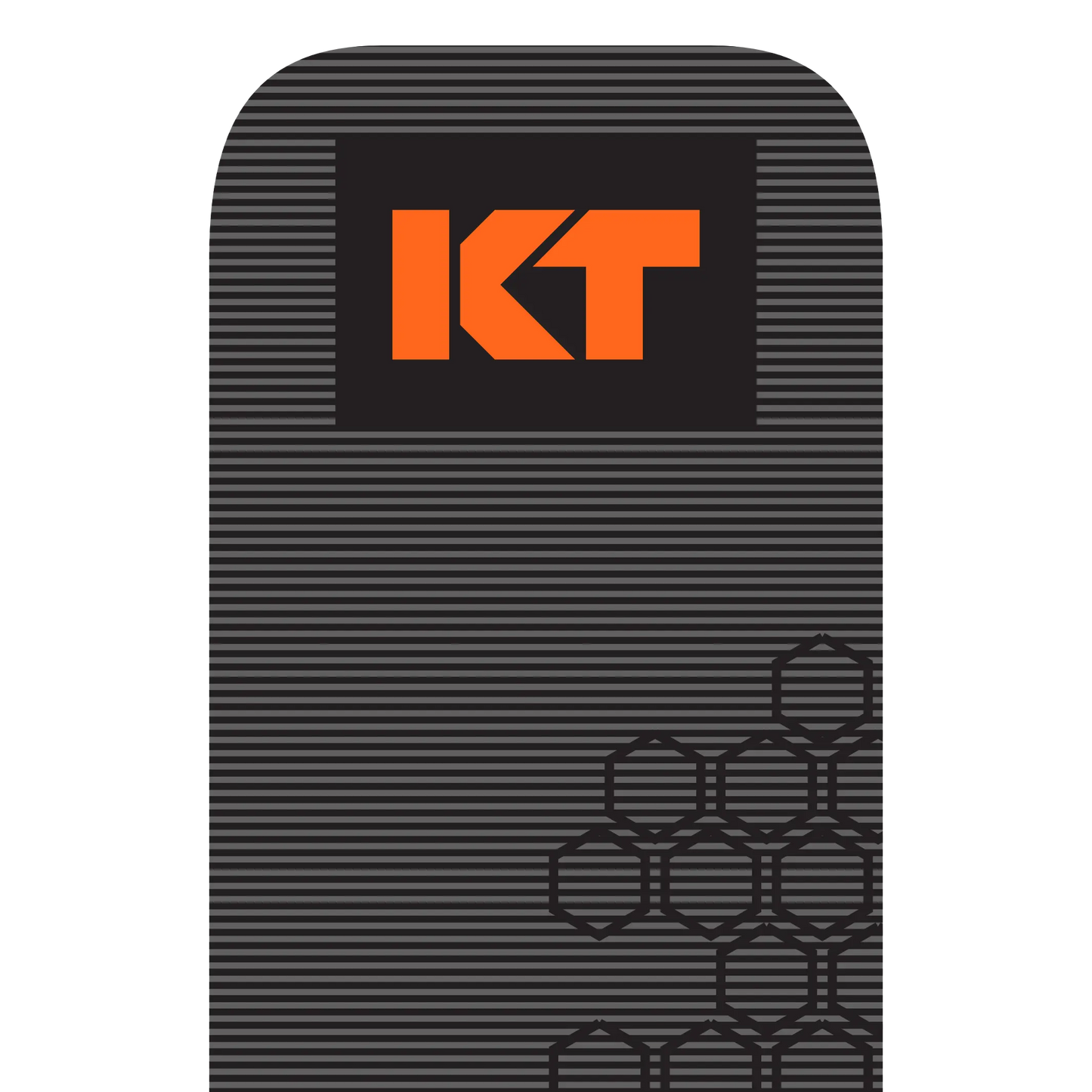 KT Tape Pro Oxygen™ by KT Tape is a rectangular strip with rounded corners, showcasing black and gray horizontal stripes. "KT" in bold orange sits in a black rectangle at the top, while a honeycomb pattern highlights its innovative tape design.
