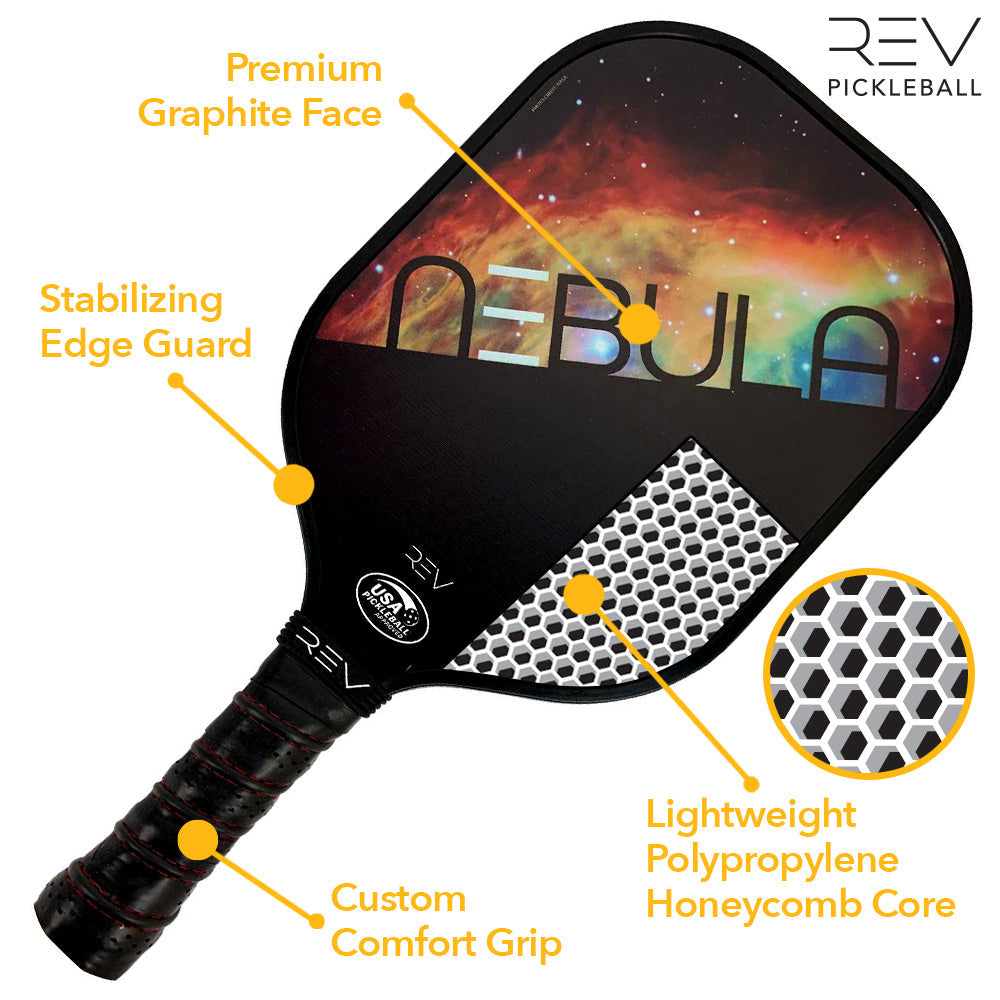 REV Pickleball’s NEBULA paddle features a cosmic galaxy design, premium graphite face, stabilizing edge guard, custom comfort grip, and lightweight honeycomb core—ideal for beginners. REV Pickleball logo appears in the top right corner.