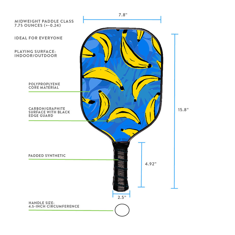 The Swinton Pickleball Hero Bananas Paddle features a blue face with yellow banana graphics, a graphite surface, padded synthetic grip, and polypropylene core; it's USA Pickleball Approved for top performance.