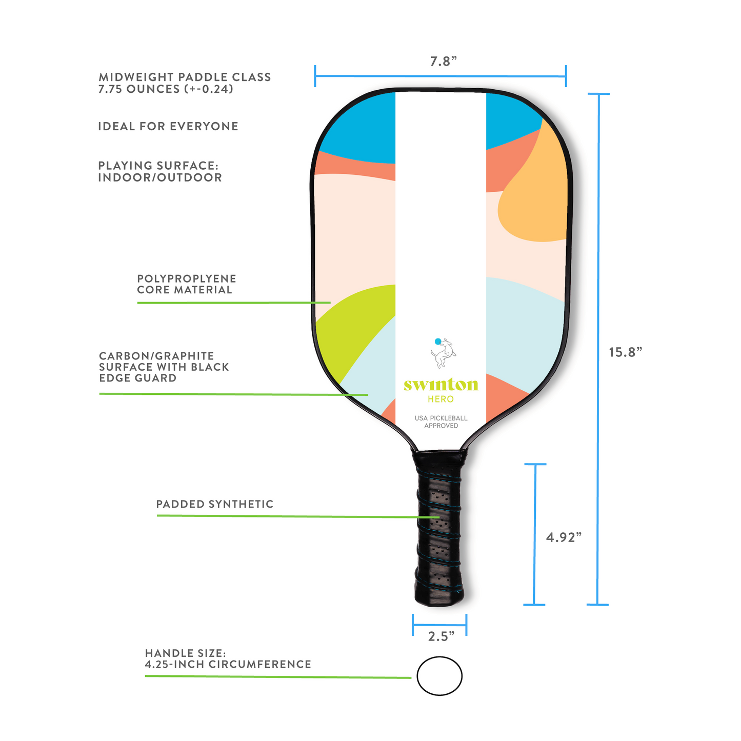 Diagram of the Swinton Pickleball Hero Breeze Paddle with labeled measurements: 15.8" length, 7.8" width, 4.92" handle. USA Pickleball Approved and featuring a vibrant abstract face design.