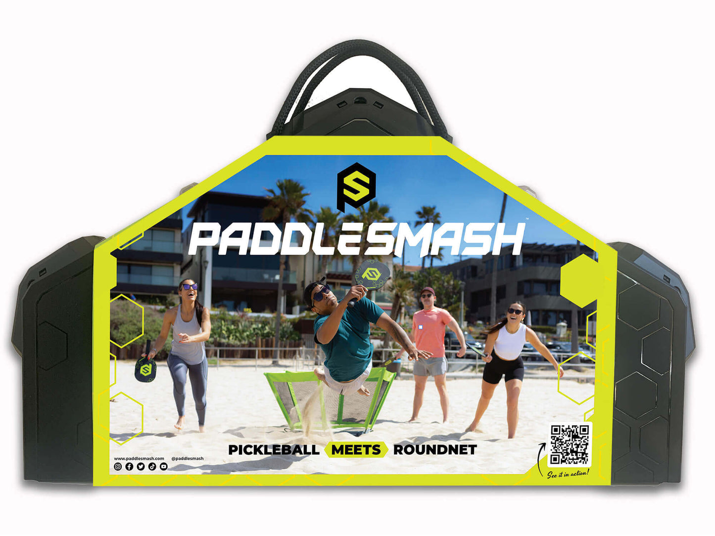 A PaddleSmash box shows four people playing this exciting outdoor game with paddles and a round net on sand. Buildings and palm trees are in the background. The tagline reads, "PaddleSmash: Pickleball meets Roundnet." Brand: PaddleSmash.