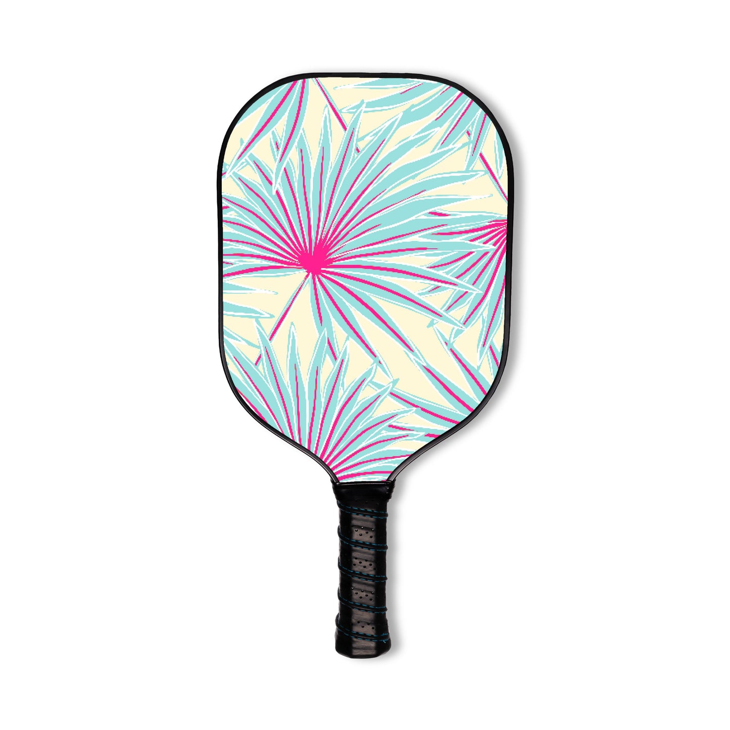The Swinton Pickleball Hero Palms Paddle features a graphite face, black grip, and a lively tropical palm leaf pattern in teal, pink, and cream on a white background.