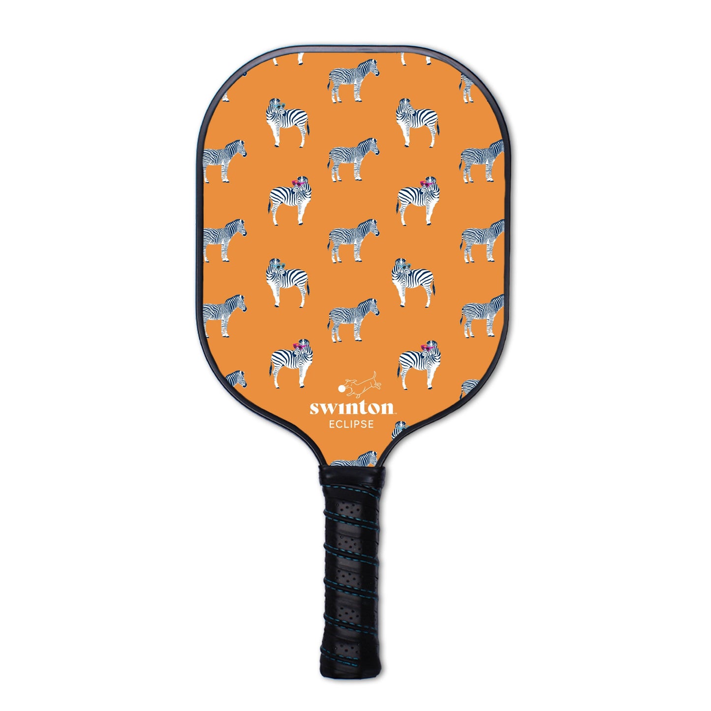 The Swinton Pickleball Eclipse Party Animal paddle is USA Pickleball Approved, has a black handle, an orange graphite face with a zebra pattern, and features "swinton" and "ECLIPSE" in white near the base.