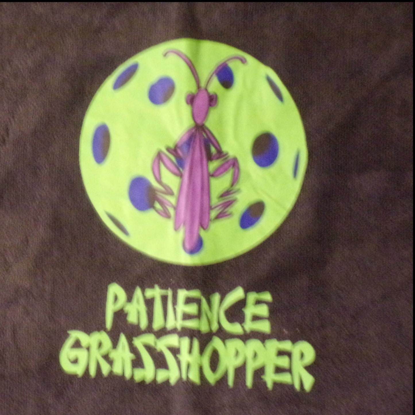 The Pickleball Bella Patience Pickleball Towel features a cartoon purple praying mantis in a green, blue-spotted circle above bold “PATIENCE GRASSHOPPER” text, all on quick-drying polyester by Pickleball Bella.