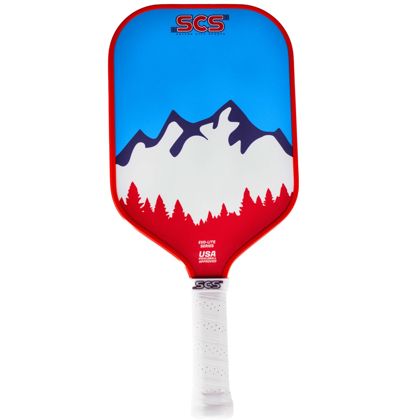 The Peak Evo-Lite Series paddle by Salted City Sports features a white grip, red edge, and vibrant mountain graphic. Lightweight, USA Pickleball approved, and Made in the USA with SCS printed on the face.