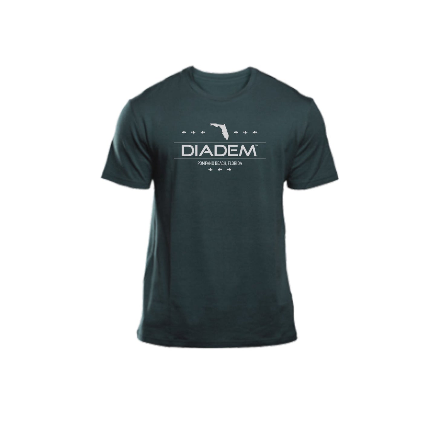 The Diadem Sports Performance T-Shirt - Forest Green HQ features a white graphic of Florida’s outline, bold DIADEM text, and “Pompano Beach, Florida” centered on the chest. Made from lightweight polyester-cotton blend.