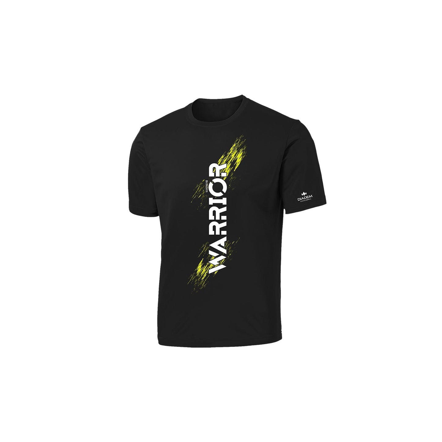 The Diadem Sports Performance T-Shirt - Warrior V2 is a black short-sleeve tee with bold white “WARRIOR” vertical print and yellow streaks, inspired by the Diadem Pickleball Warrior V2 paddle. Features a small Adidas logo on the left sleeve. Displayed on white background.