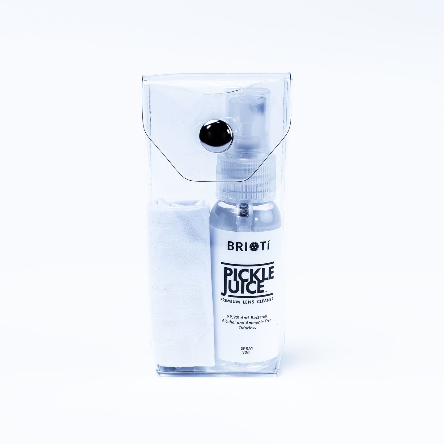 A clear plastic pouch with a black snap button holds a white cloth and a spray bottle labeled PICKLE JUICE™ Cleaning Kit by BRIOTI, an alcohol-free eyewear cleaner, displayed against a plain white background.