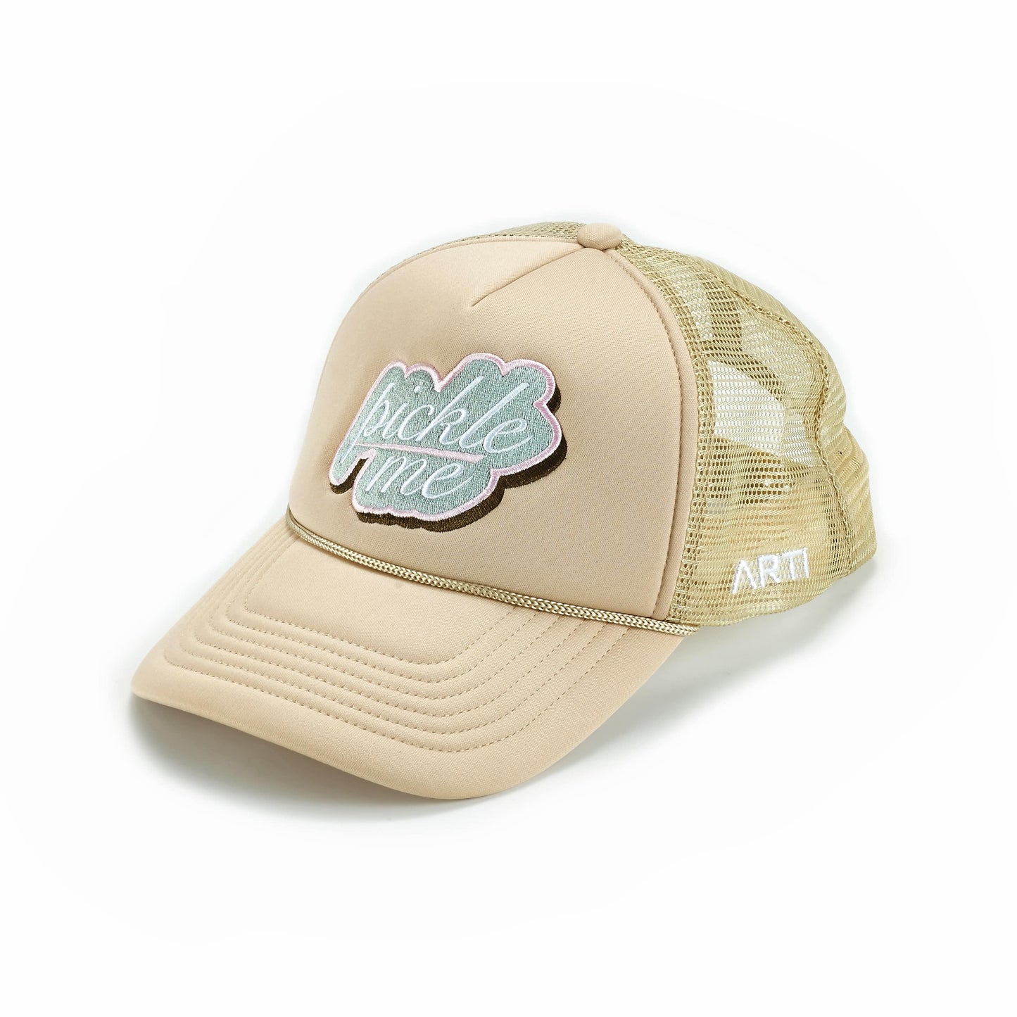 The Pickle Me Trucker Hat by ARTI features a beige mesh design, curved brim, “pickle me” embroidered in pastel on the front, “ARTI” on the side, a structured front panel, and a checkered mesh back.