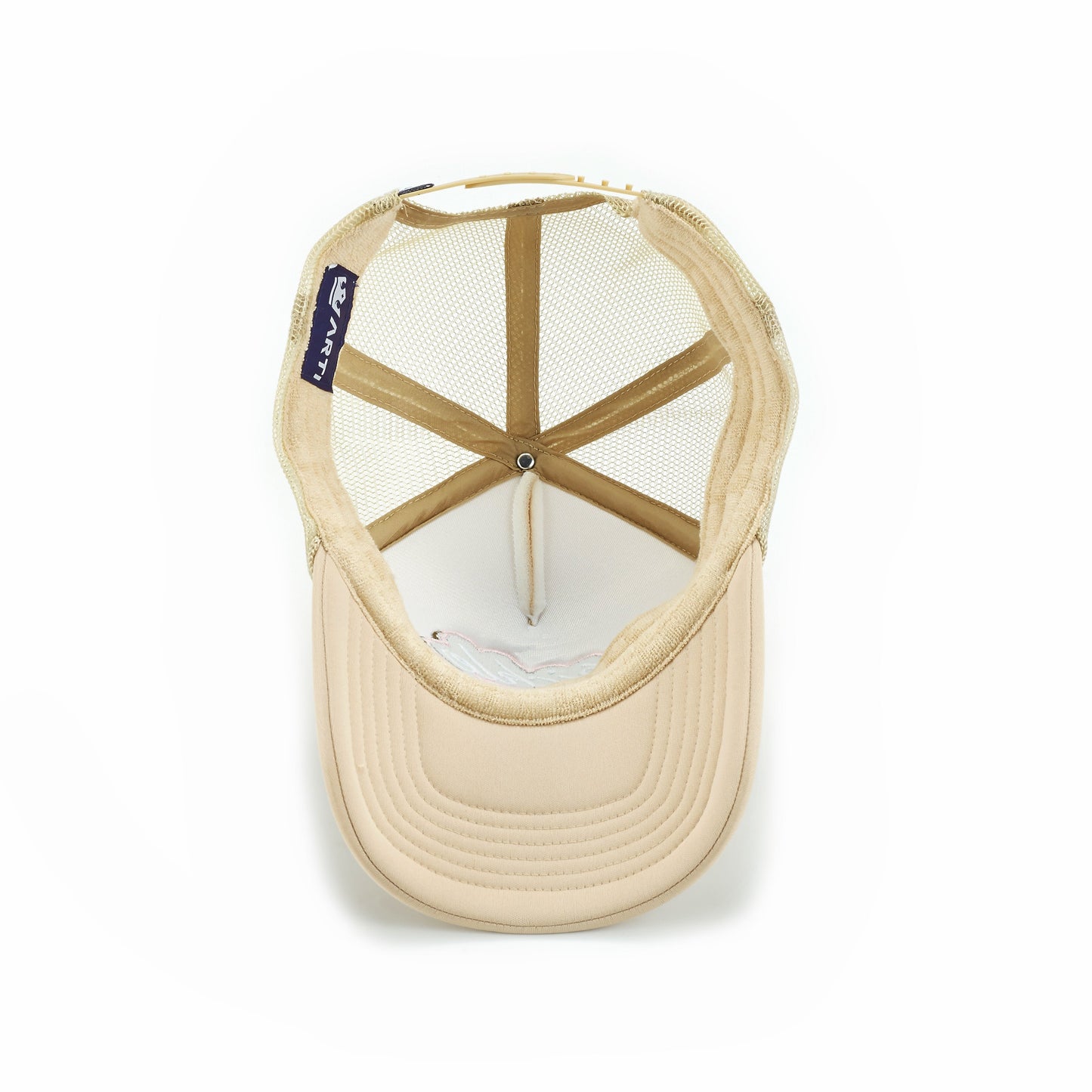 The ARTI Pickle Me Trucker Hat features six tan mesh panels, a curved brim, and a dark blue inner tag with white text. Seen from above, its sporty look and comfortable fit make it the perfect hat for pickleball enthusiasts.