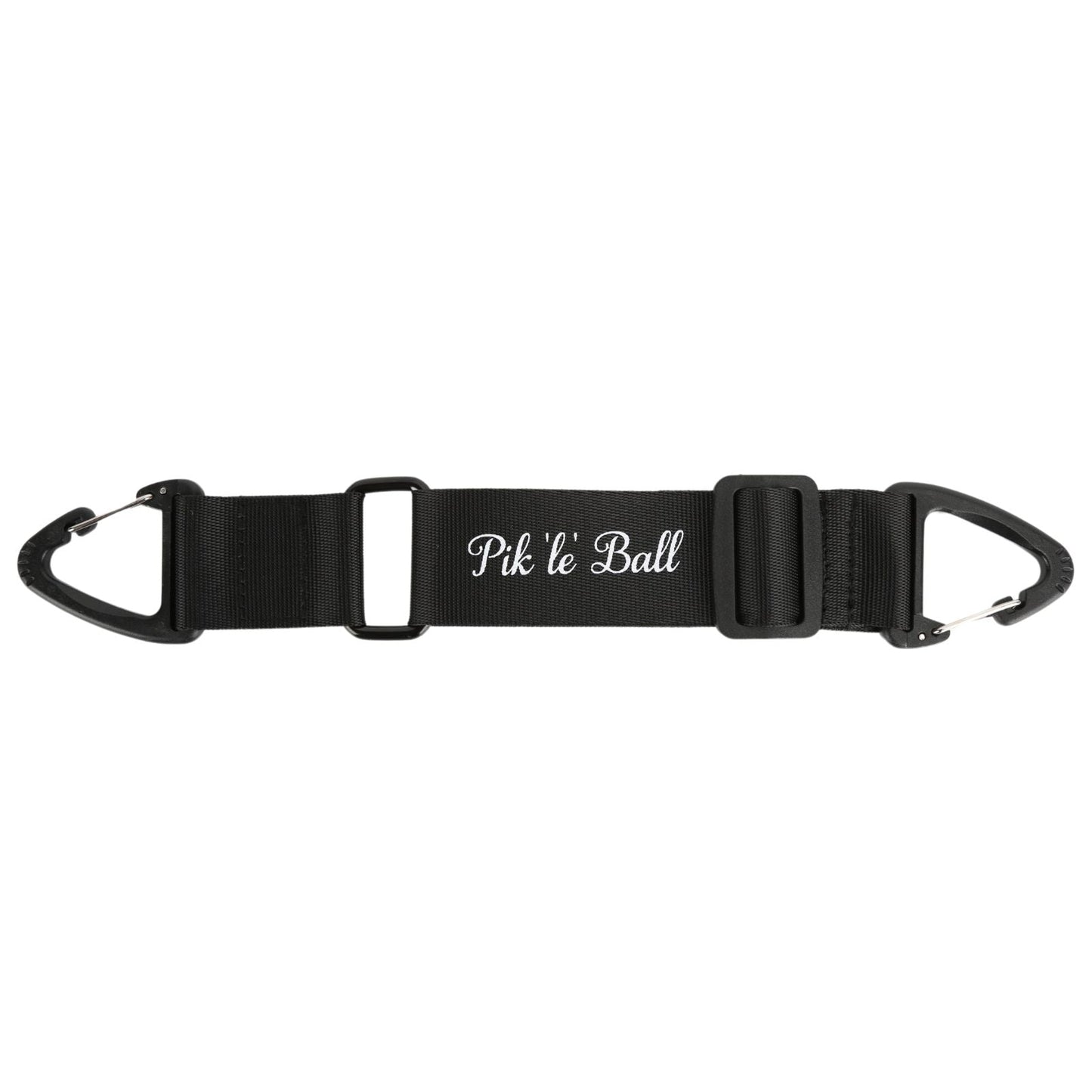 The Pik'le'Ball Sports Bag Hook for Fence features a black adjustable strap with two heavy-duty carabiner clips, white embroidered "Pikle Ball" text, plus a plastic buckle and sliding adjuster for easy use. Perfect as a pickleball fence hook.
