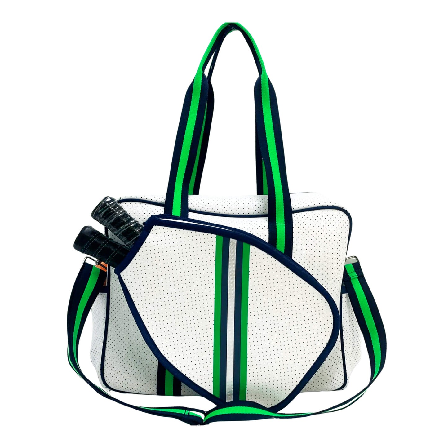 The PickleballMonger Pickleball Bags White & Green features green and navy striped handles and strap, black racquet handles peeking out, and sporty vertical and diagonal accent stripes for a modern look.