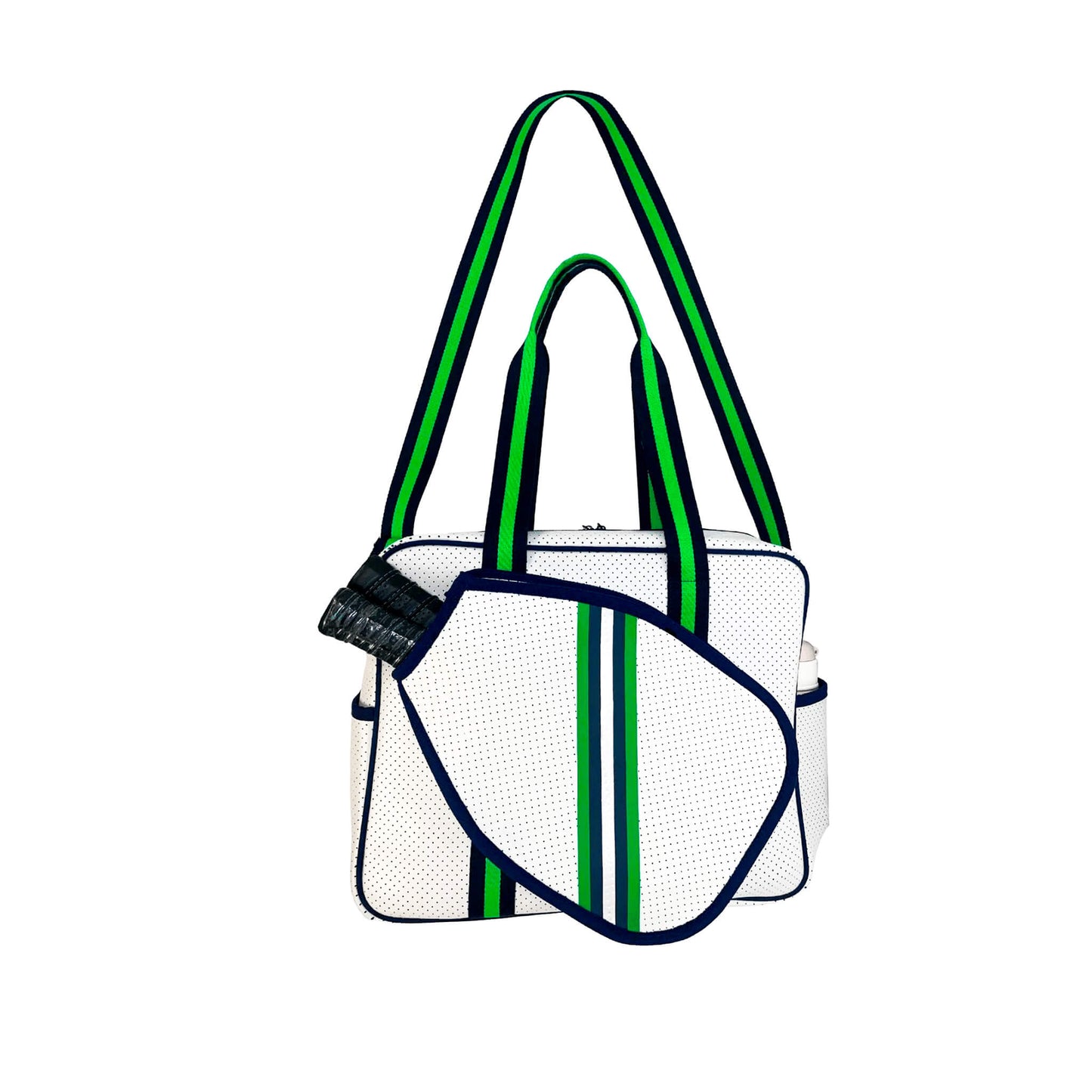 The PickleballMonger Pickleball Bags White & Green is a stylish neoprene bag, perfect for carrying your gear.