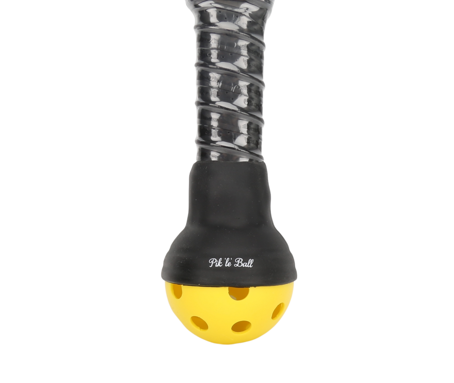 A close-up of the Pik'le'Ball Ball Retriever by Pik'le'Ball Sports shows its black, textured handle attached to a yellow holed ball. "Pik'le'Ball" is printed in white on the handle against a plain white background.