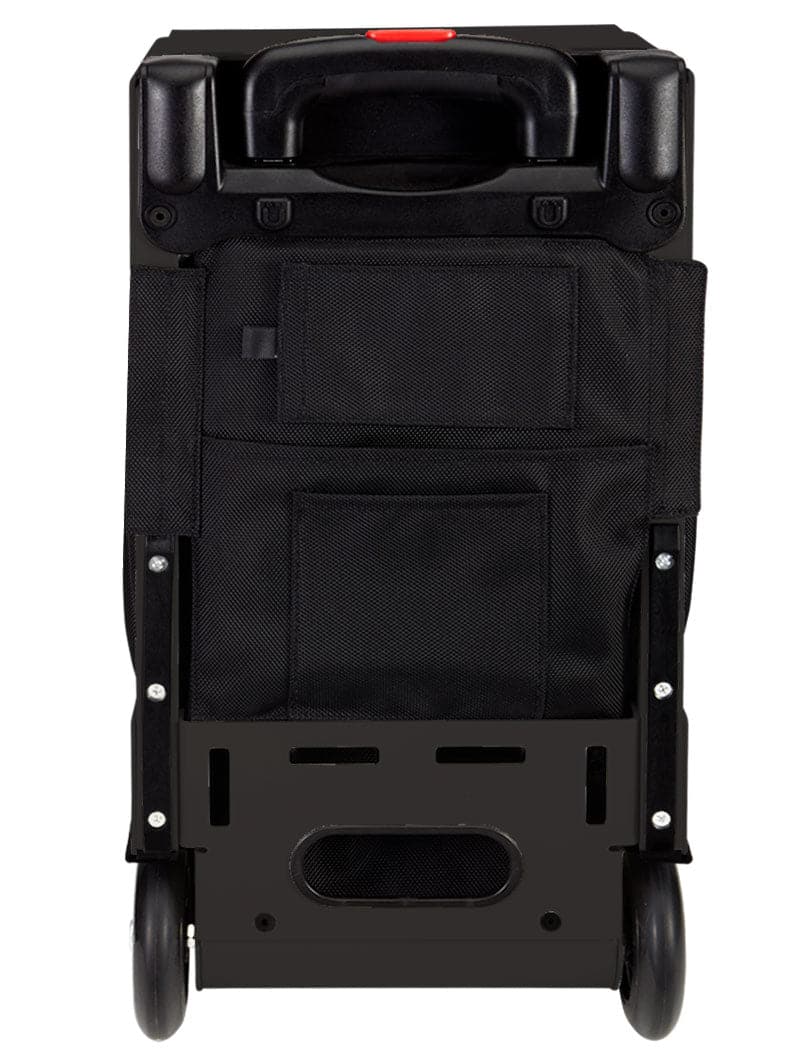 The ZUCA Pickleball Pro Black/Black is a rectangular rolling pickleball bag with two bottom wheels, a black gear storage pocket, metal frame sides, a black plastic top handle, and a bottom panel featuring cutouts and visible screws.