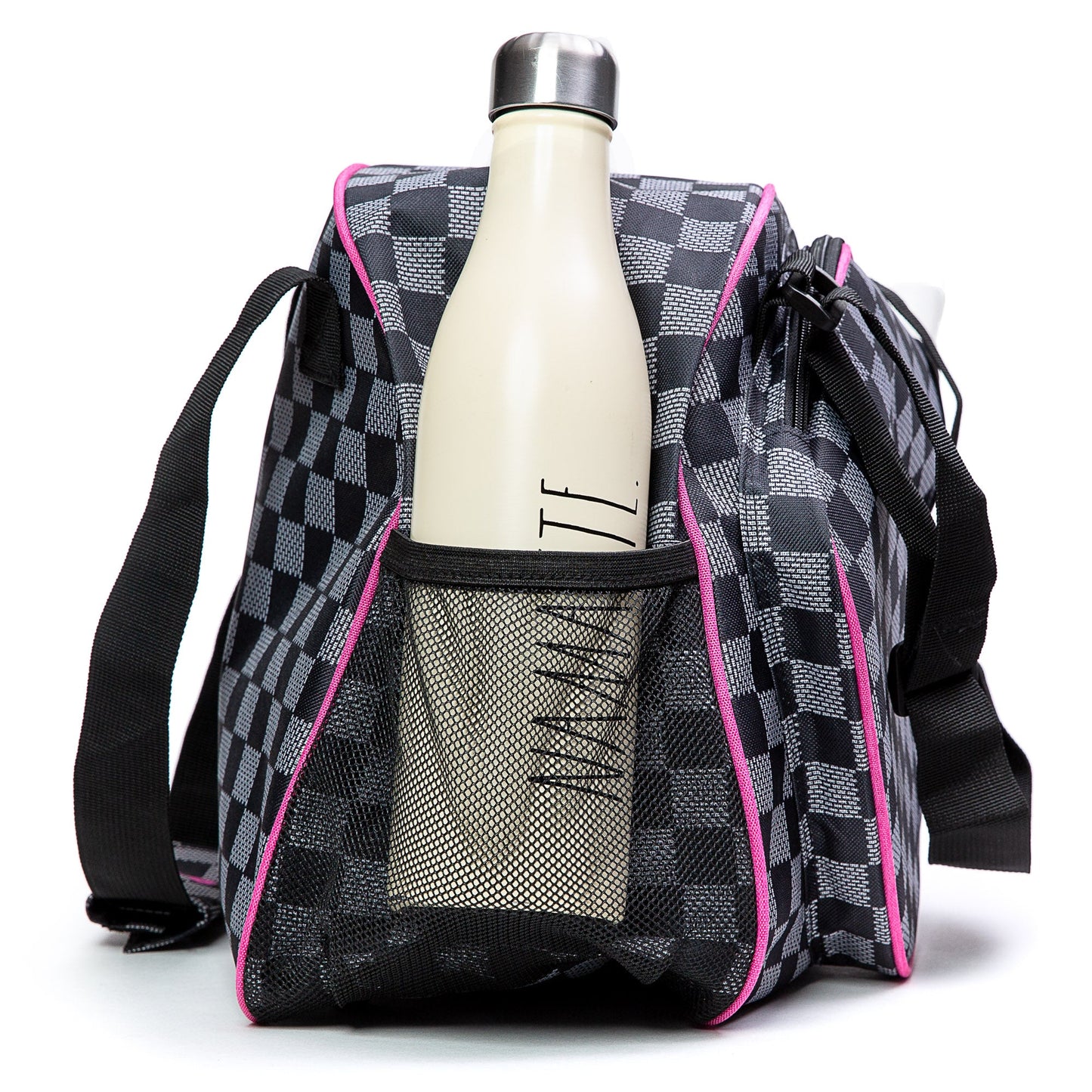 The Pik'le'Ball Sports Checkered Chic Premium Women's Pickleball Bag, in black and gray with pink trim, features padded compartments, an adjustable strap, and a mesh pocket holding a white reusable water bottle. It stands upright against a white background.