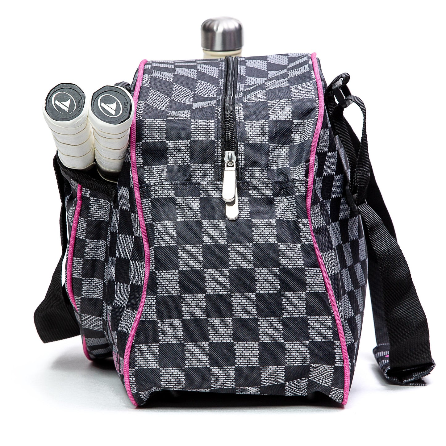 The Pik'le'Ball Sports Checkered Chic Premium Women's Pickleball Bag features black-and-gray checks, pink trim, padded compartments, an adjustable black shoulder strap, and side pockets for two racquets and a silver water bottle.