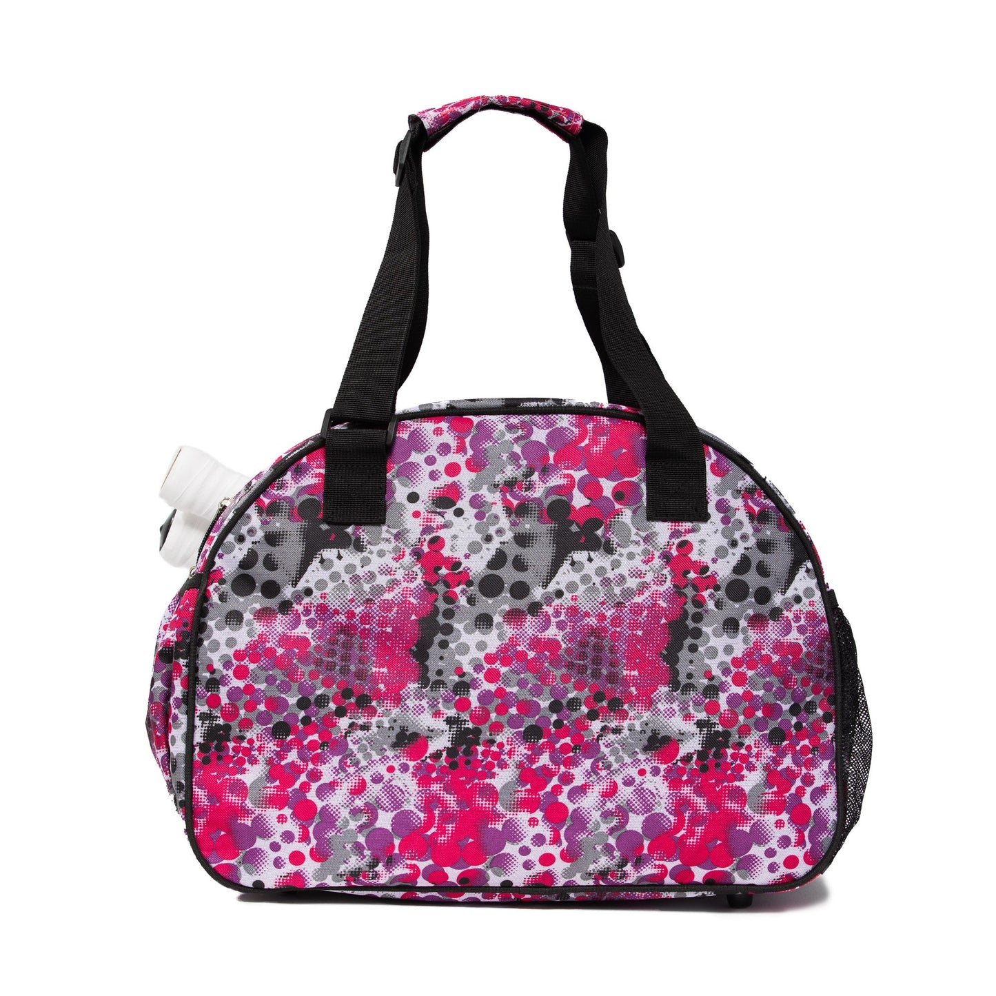 The Pink Dot Premium Women's Pickleball Bag by Pik'le'Ball Sports features black handles, a pink, gray, black, and white polka-dot abstract design, a white water bottle in the left pocket, and a black mesh pocket on the right.