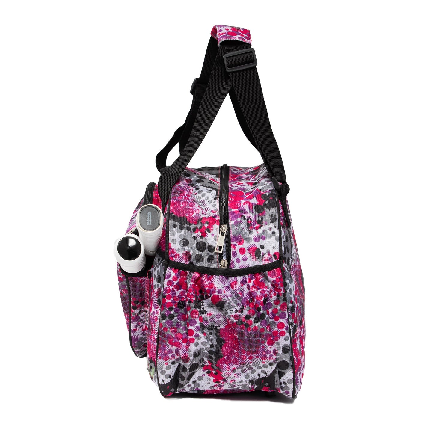 The Stylish Stripe Premium Women's Pickleball Bag by Pik'le'Ball Sports, shown upright with black straps, features organizer pockets holding a digital thermometer and white item. The front zipper pocket and handles appear against a white background.