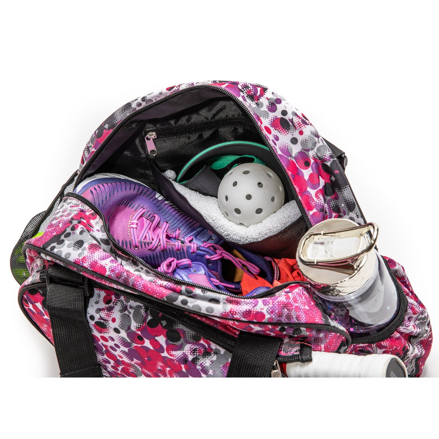 The Stylish Stripe Premium Women's Pickleball Bag by Pik'le'Ball Sports features organizer pockets, a carry strap, and multiple zippered compartments. Unzipped, it reveals space for shoes, towel, paddle, ball, bottle, and sunglasses.