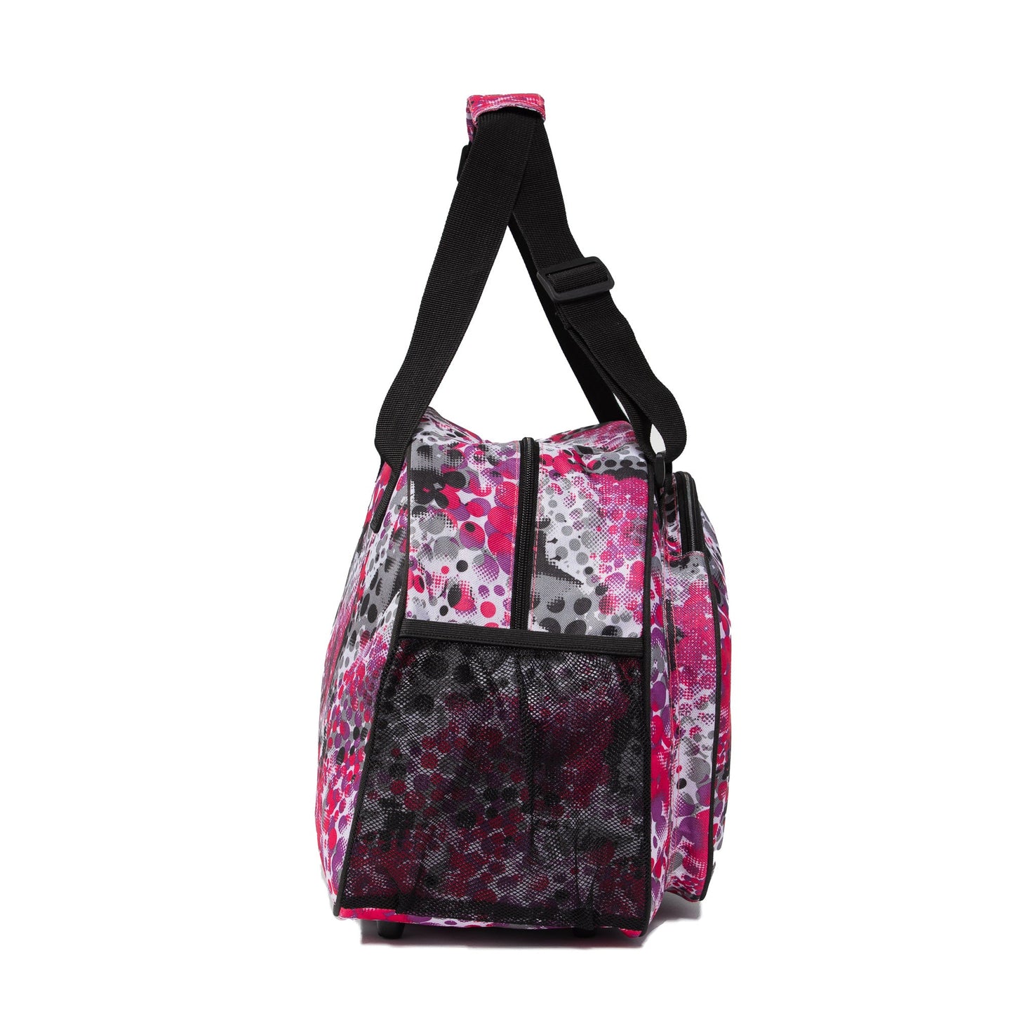 The Pink Dot Premium Women’s Pickleball Bag by Pik'le'Ball Sports features a pink, white, and gray abstract dot design, black adjustable strap, mesh side pocket, and zippered closure. Shown standing side view on a white background.