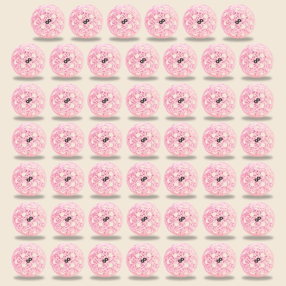 A grid of 49 pink donuts with sprinkles, inspired by Dope Pickleball Co.'s Pink Glitter-Infused Pickleball Ball, is arranged in 7 rows and columns on a beige background. Each donut casts a shadow, highlighting the playful and orderly design.