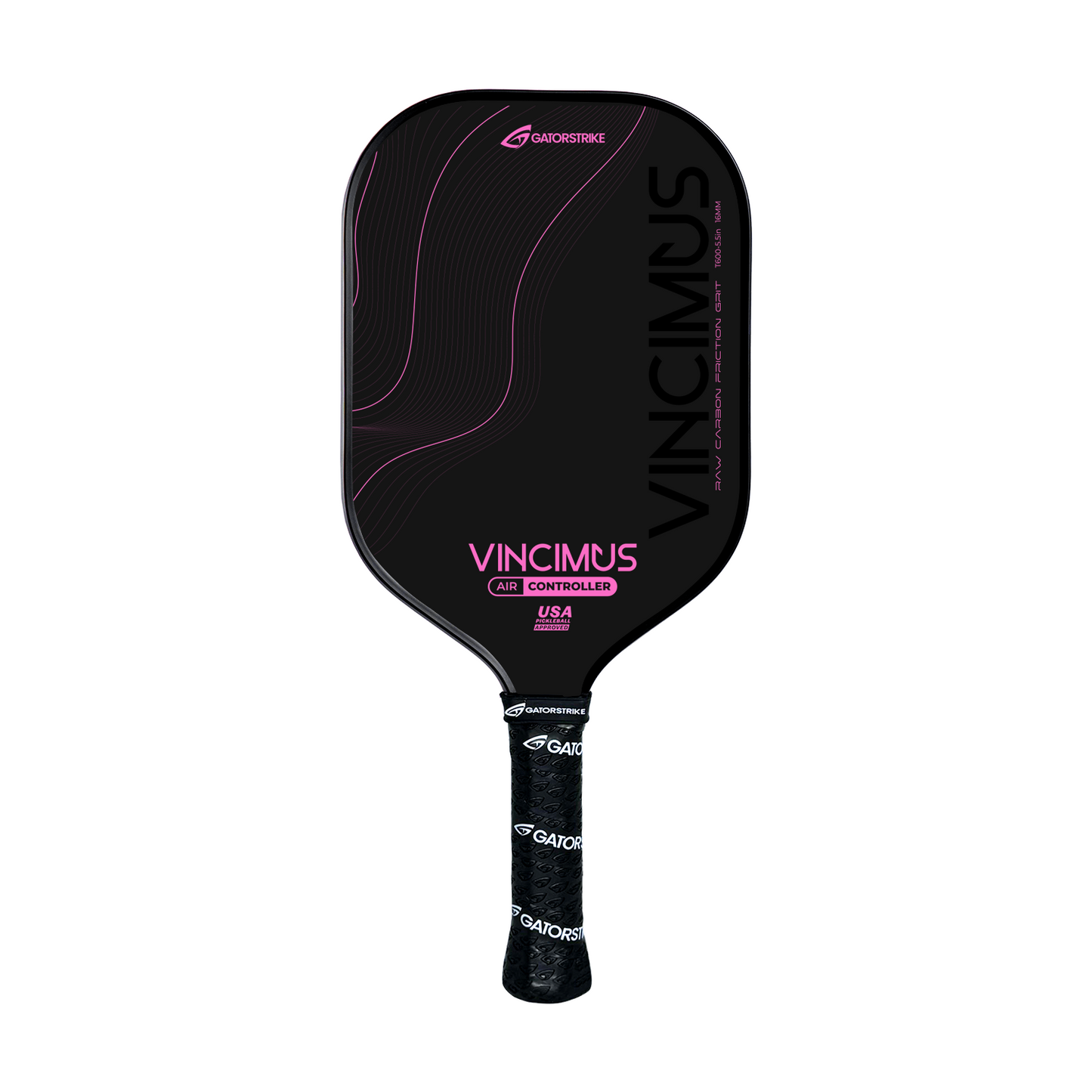 The GATORSTRIKE™ Vincimus AIR CONTROLLER is a black pickleball paddle with a lightweight unibody core, wavy pink lines, vertical "VINCIMUS" and "AIR CONTROLLER" text, a raw carbon fiber face, and a black grip with white GatorStrike logos.
