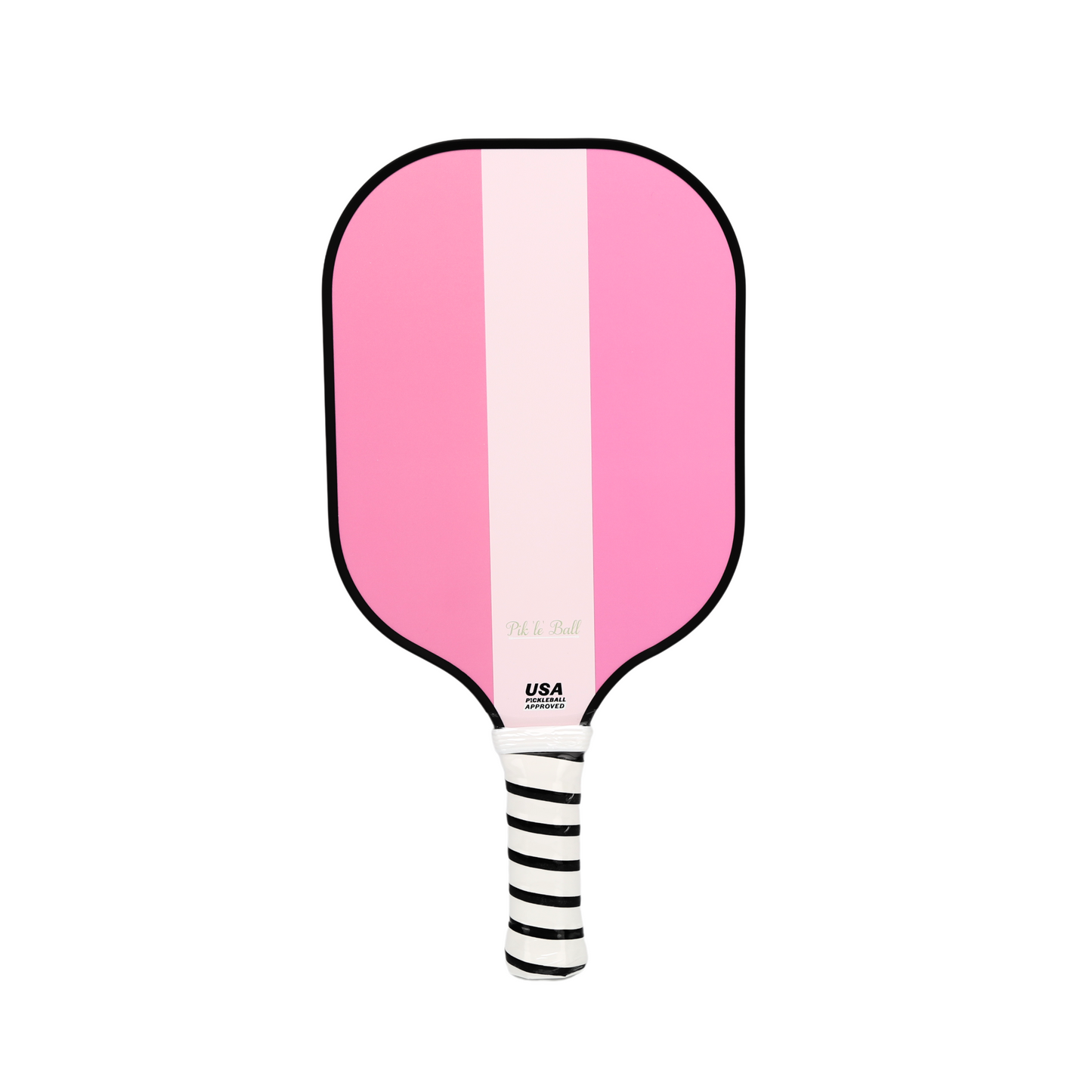 The Pik'le'Ball Sports Carbon Fiber Pickleball Paddle (USAPA Approved) is lightweight and pink with a wide light pink vertical stripe, black-outlined edge, a black and white diagonally striped handle, and comes on a white background.