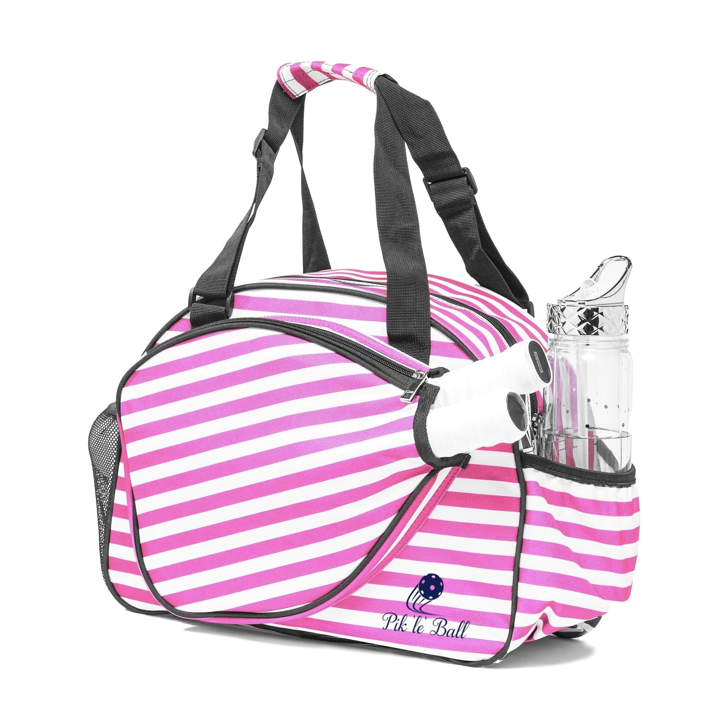 The Pik'le'Ball Sports Stylish Stripe Pink Premium Women's Pickleball Bag offers space for a water bottle and is made from sustainable materials.
