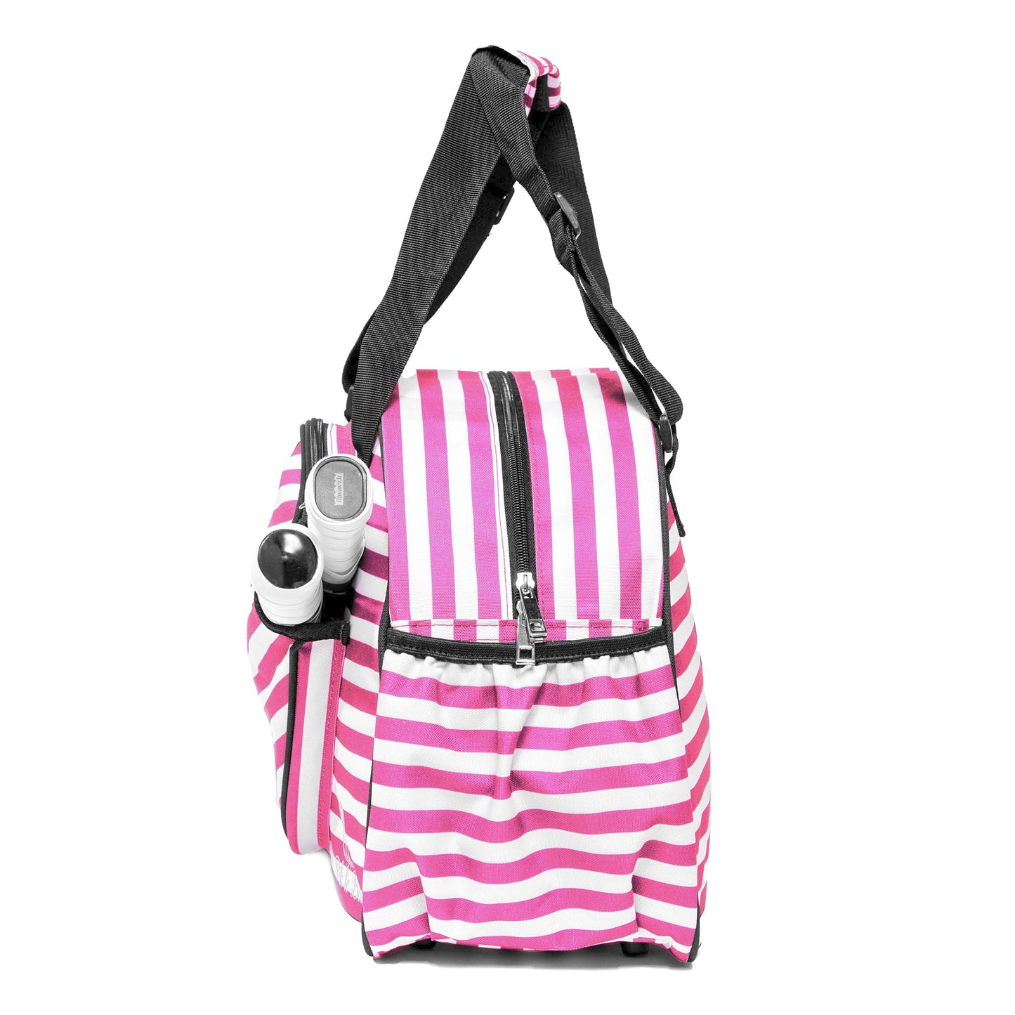 The Pik'le'Ball Sports Stylish Stripe Premium Women's Pickleball Bag features organizer pockets, a large front zipper pocket, side water bottle holder, and carry strap. Spacious and chic—ideal for women heading to the gym or court.