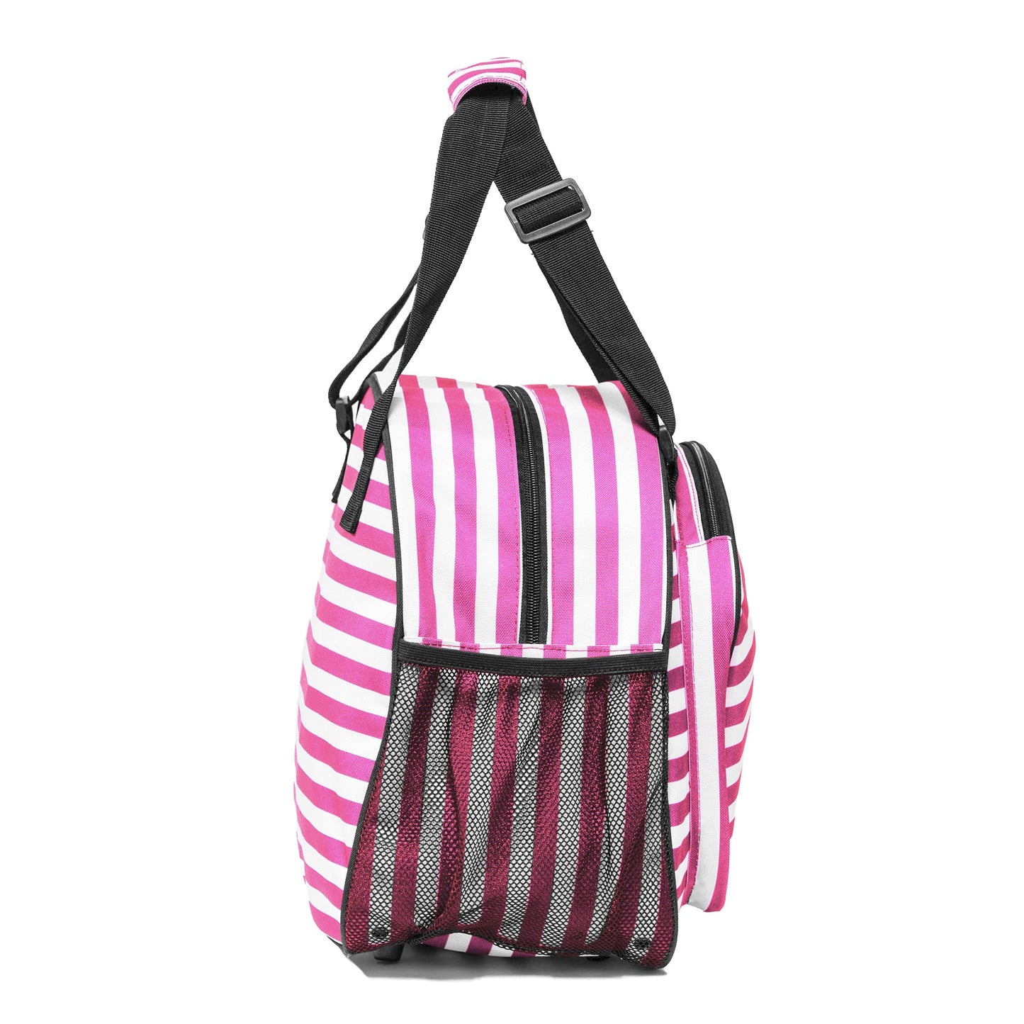 The Pik'le'Ball Sports Stylish Stripe Pink Premium Women's Pickleball Bag features pink and white vertical stripes, black adjustable shoulder straps, a side mesh pocket, and a secure zippered main compartment. Shown upright against a white background.