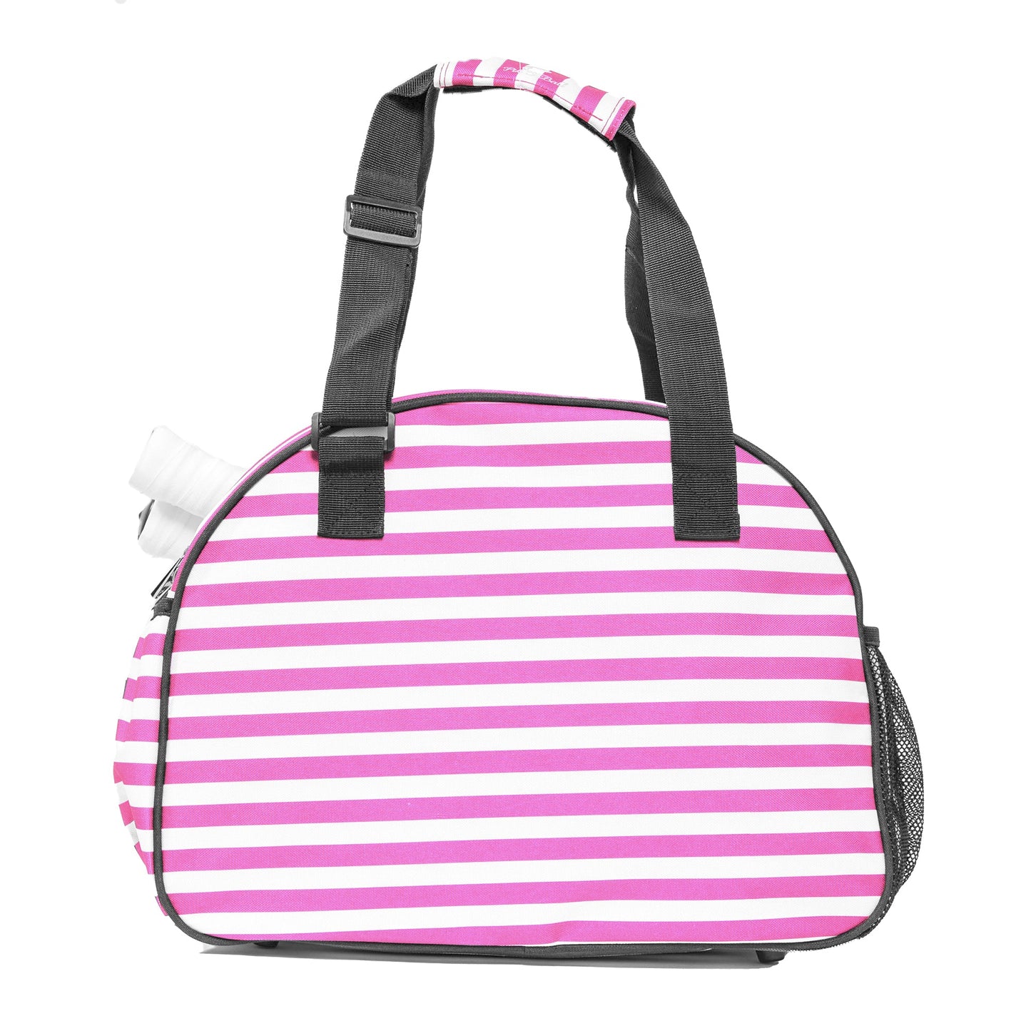The Pik'le'Ball Sports Stylish Stripe Pink Premium Women's Pickleball Bag features pink and white stripes, black handles and trim, a mesh side pocket holding a white water bottle, all set against a plain white background.