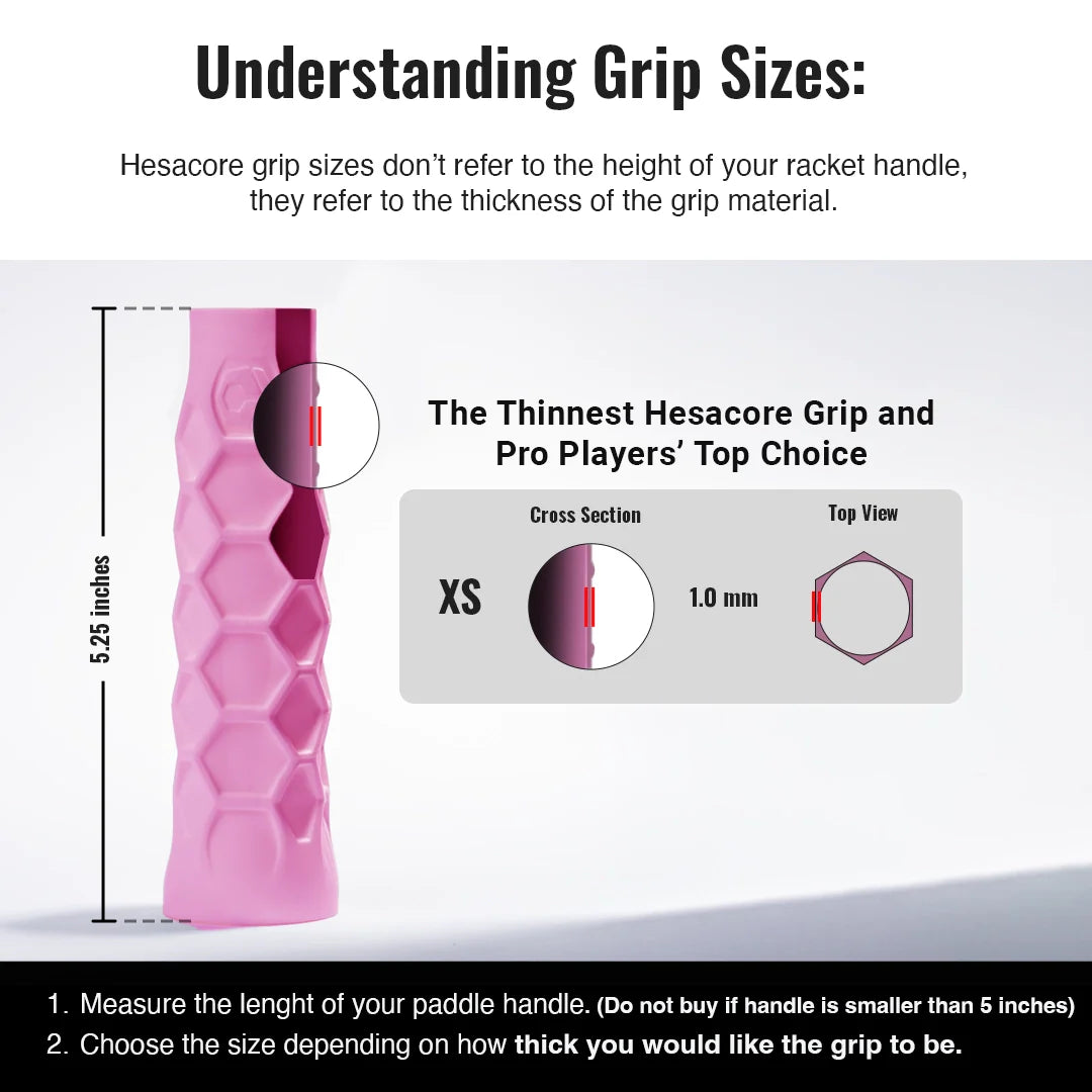The Hesacore Grip Pickleball Grip in pink is shown upright, featuring a hexagon pattern, 5.25-inch length, XS size, and 1.0 mm thickness—the thinnest ergonomic paddle grip and a top choice for women’s paddles.