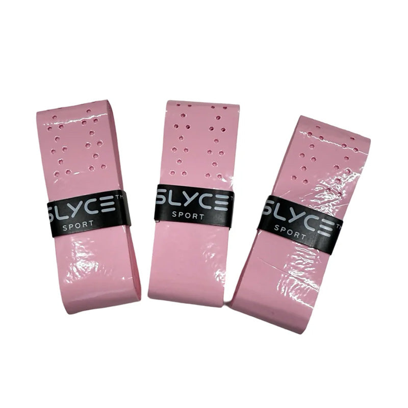 Three pink GRYPs - Perforated Over-Wraps by Slyce Sport are rolled up, each held by a black band with the white brand logo. These ultra-thin grips feature small perforations and a glossy finish, shown upright against a white background.