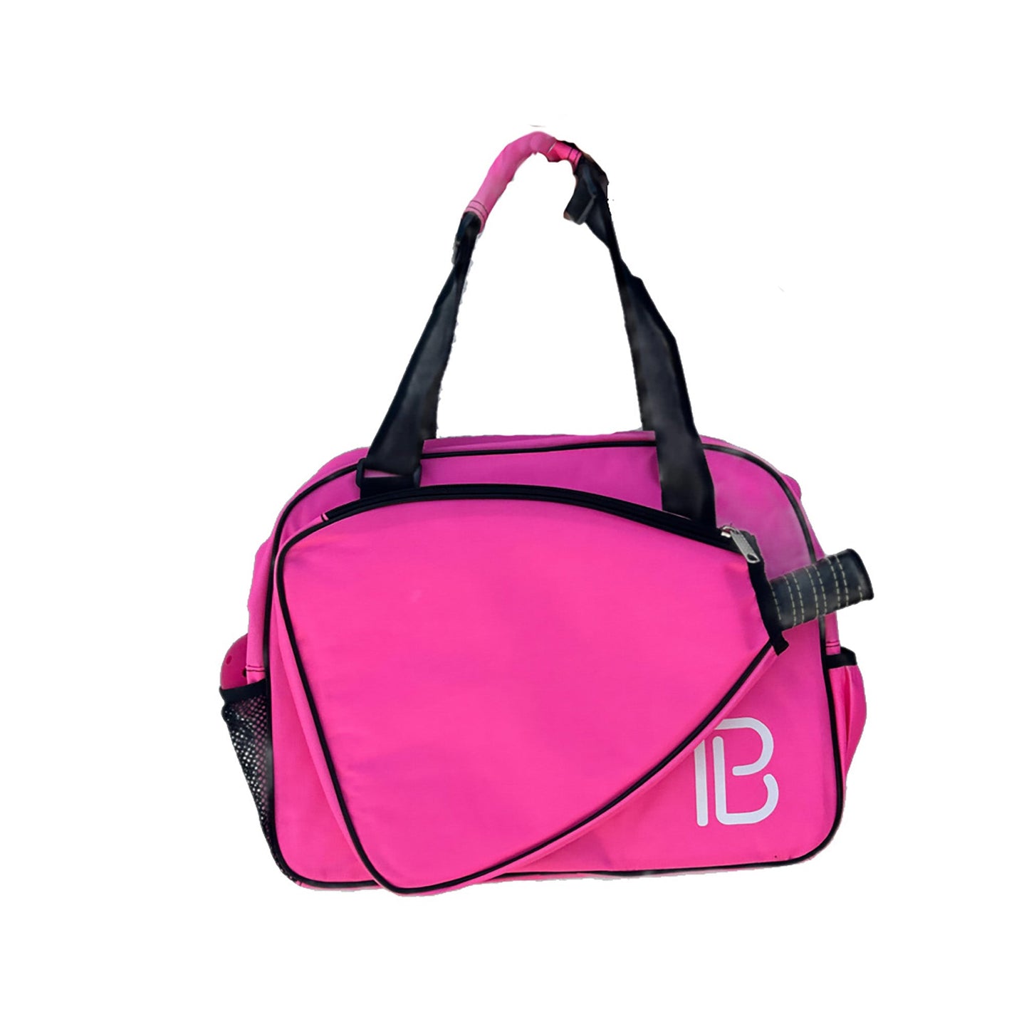 The Pickleball Bella PB Duffle Bag Pink features black handles and trim, a paddle pocket shaped for a tennis racket, mesh side pocket, and a white PB logo in the corner. A stylish sports bag on a plain white background.