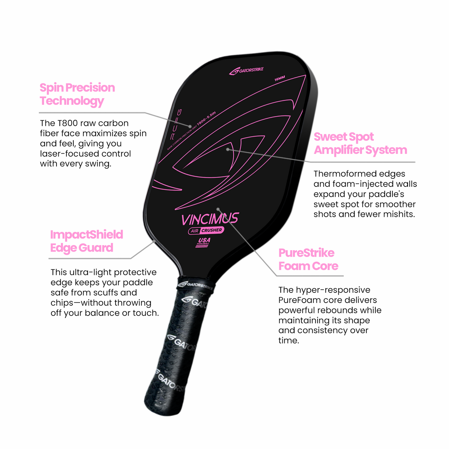 The GATORSTRIKE Vincimus AIR CRUSHER T800 pickleball paddle is shown in black and pink, featuring a unibody design, spin precision technology, carbon fiber grit for control, sweet spot amplifier system, impact shielded edge guard, and PureStrike foam core.