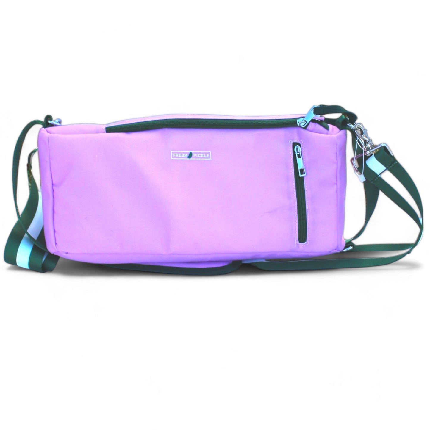 The Fresh Pickle Insulated Cooler Bag is a rectangular lavender shoulder bag with a black zipper pocket, small silver logo on the front, and an adjustable strap with teal and white stripes plus a mint green zipper pull—ideal for court essentials.