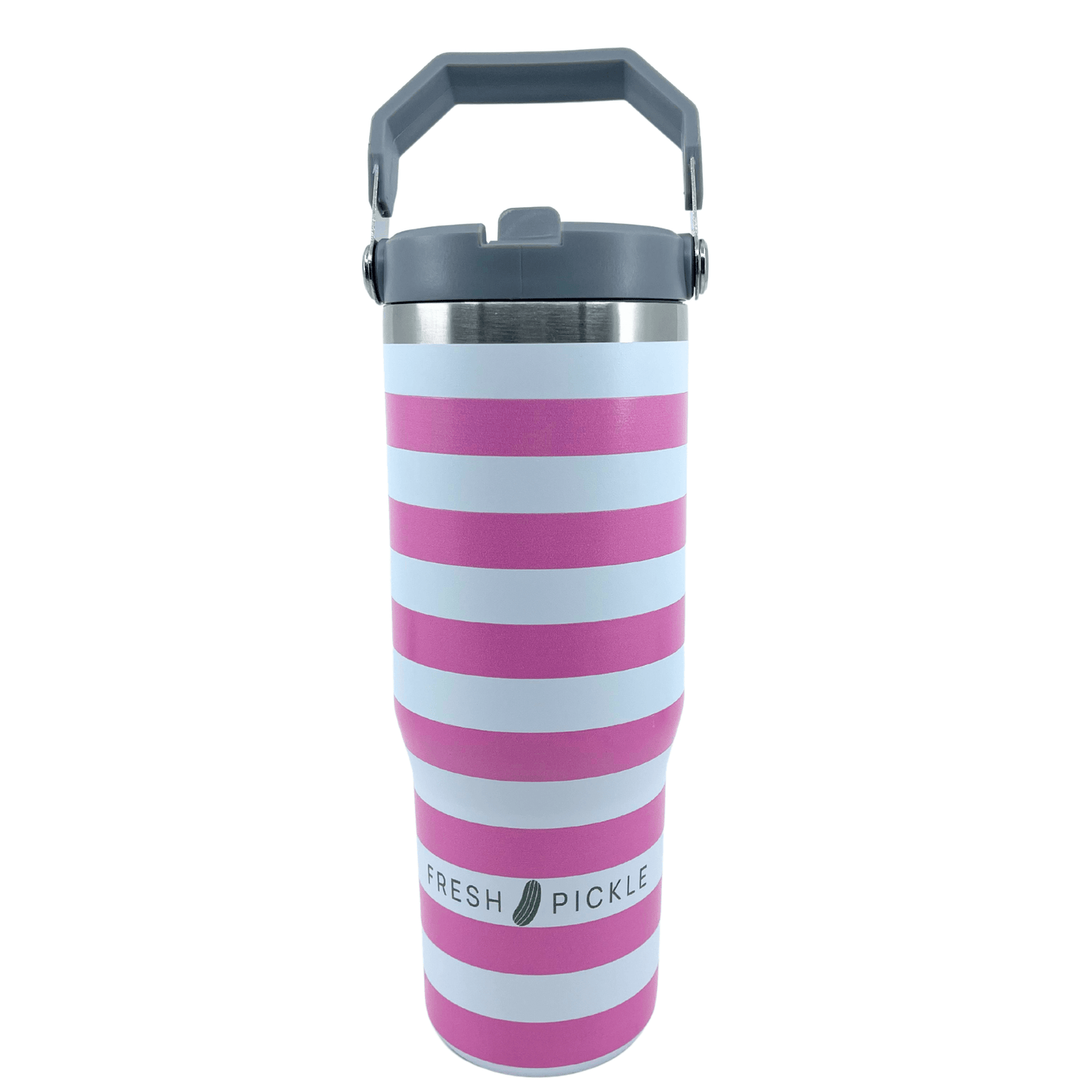 The Fresh Pickle Tumbler by Fresh Pickle is a 30 oz, tall water bottle with a gray handle and lid, pink and white stripes, double-walled vacuum insulation, and features a “Fresh Pickle” label with a pickle illustration on white.